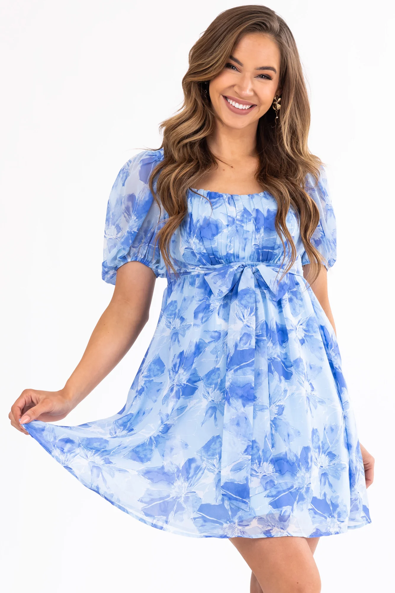 Baby Blue Floral Babydoll Dress for Party & Daytime Events