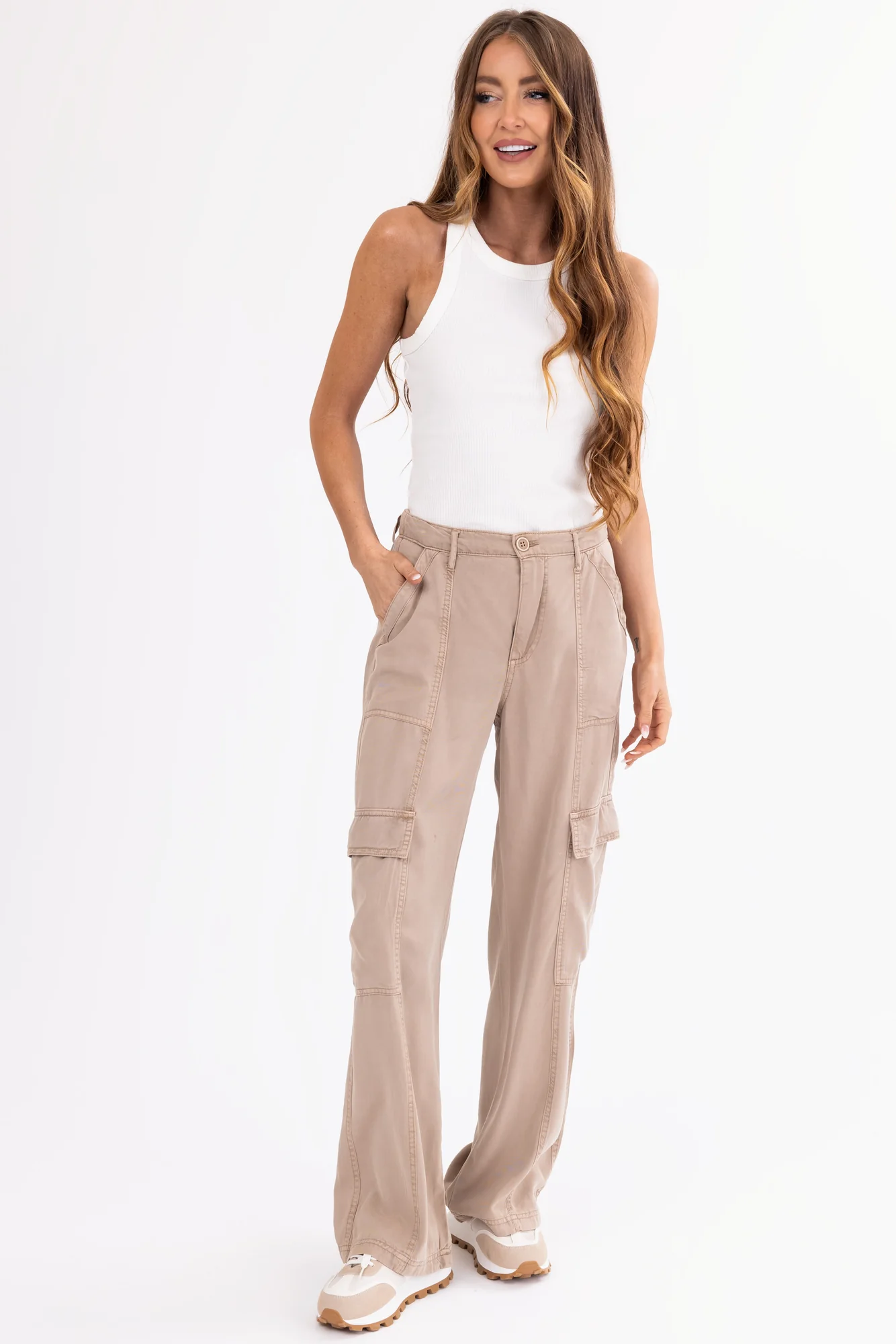 Taupe Wide Leg Tencel Cargo Pants