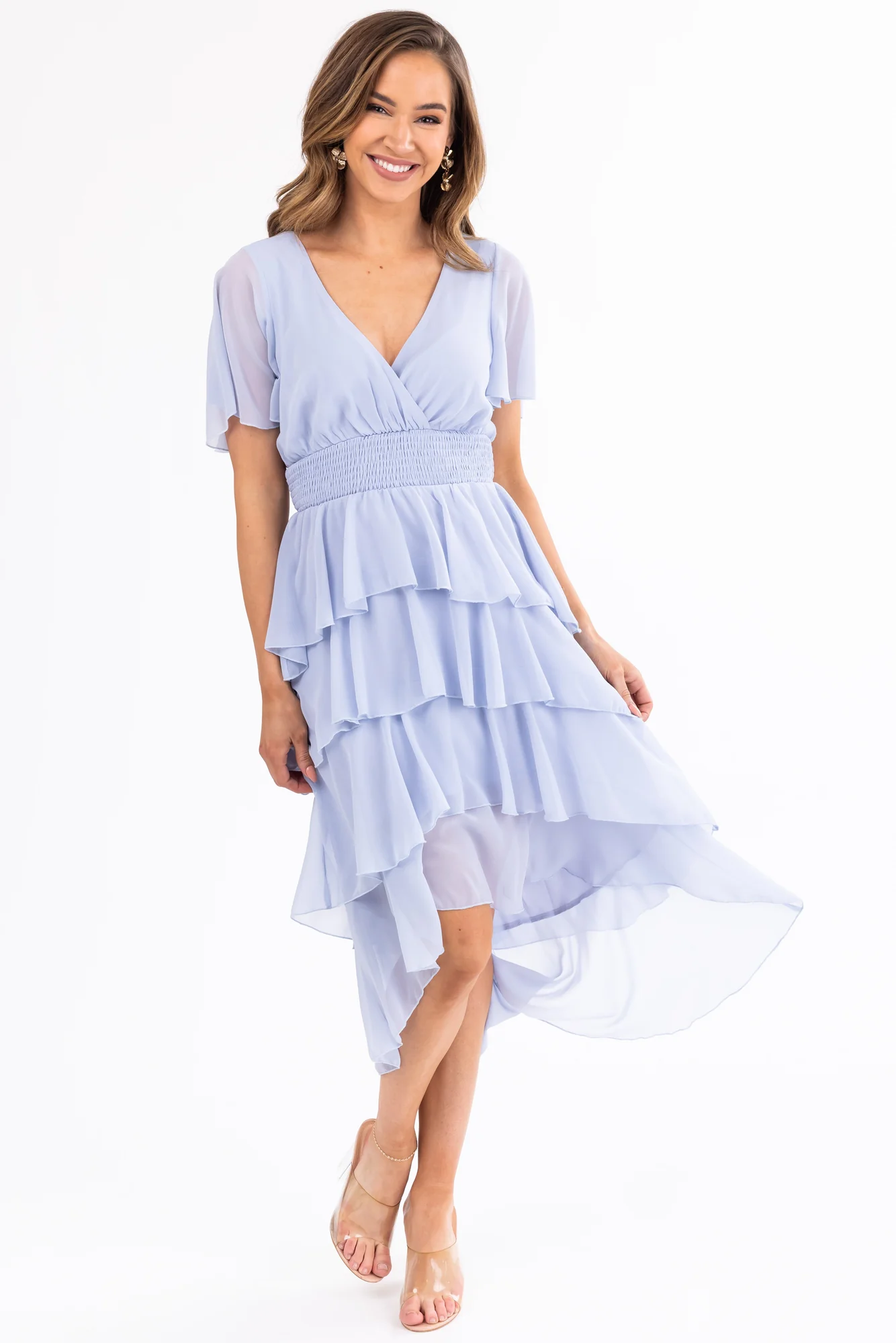 Blue High Low Midi Dress - Smocked Waist V-Neck Flutter Sleeves