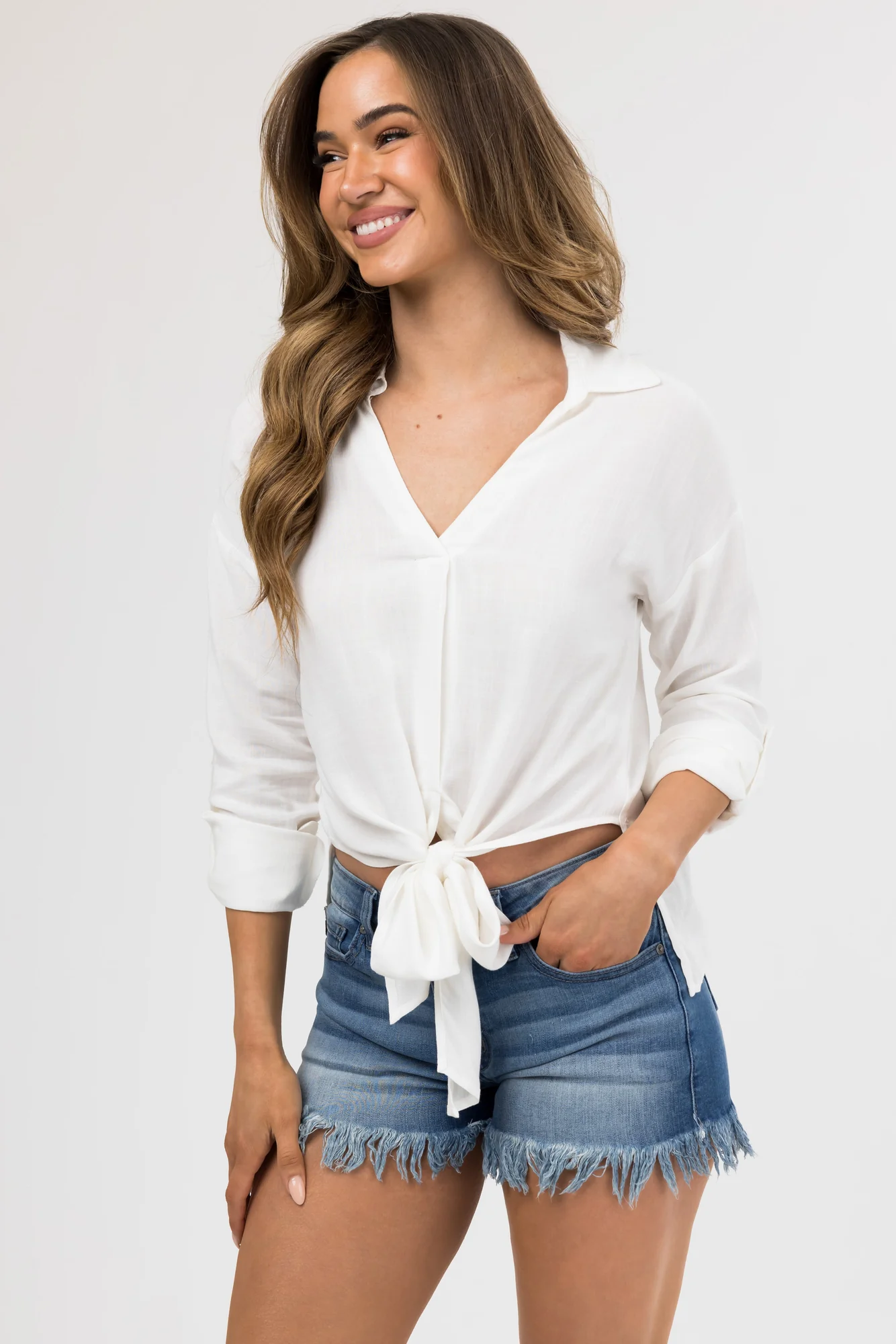 Ivory Faux Linen V-Neck Shirt with Hem Tie