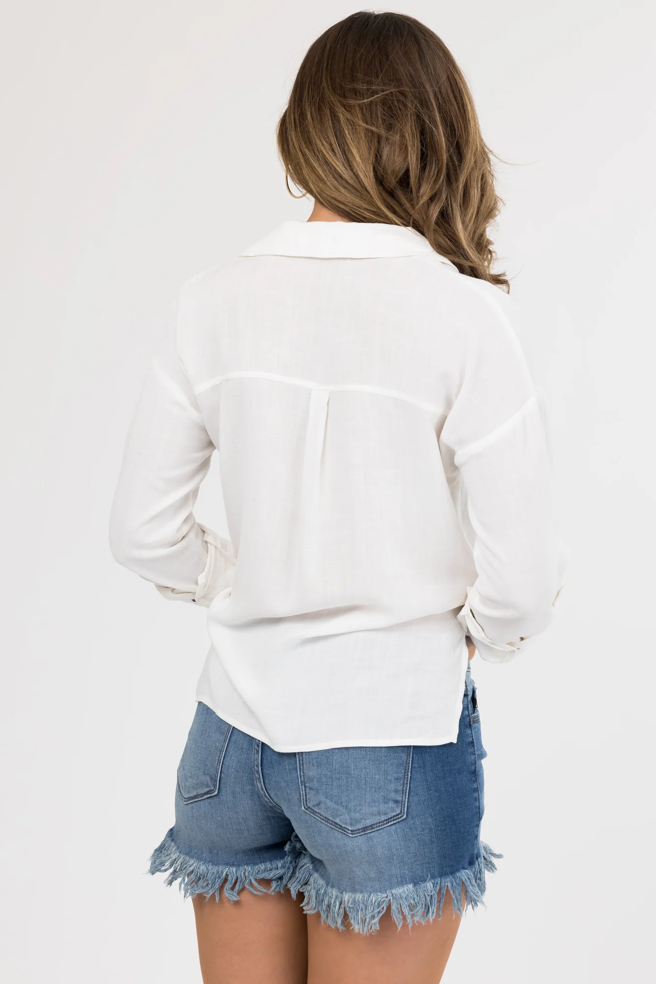 Ivory Faux Linen V-Neck Shirt with Hem Tie