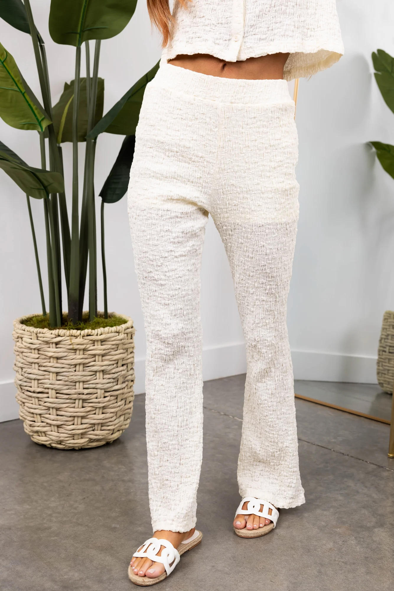 Cream Textured Knit Flare Pants Elastic Waistband