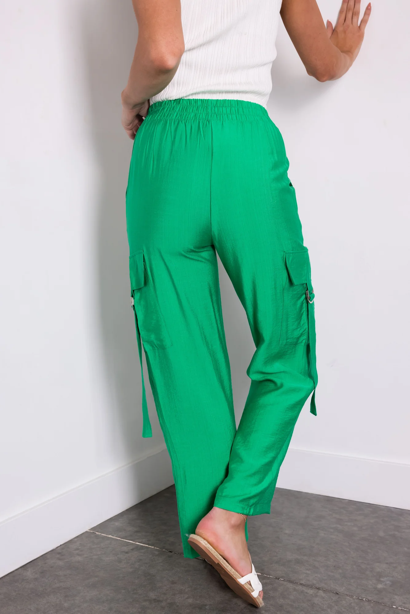 Green Faux Linen Wide Leg Cargo Pants
