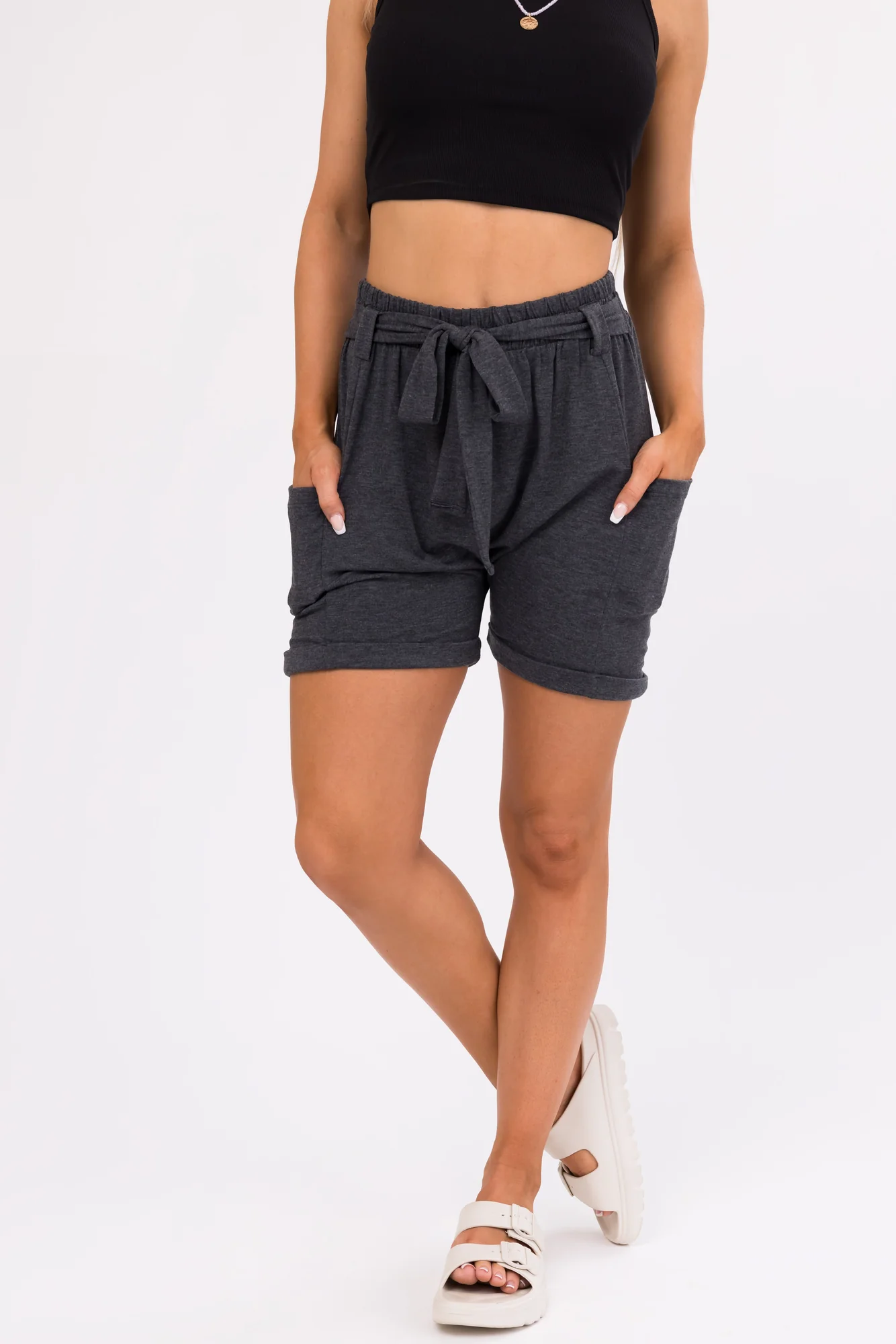 Grey Knit Adjustable Waist Shorts