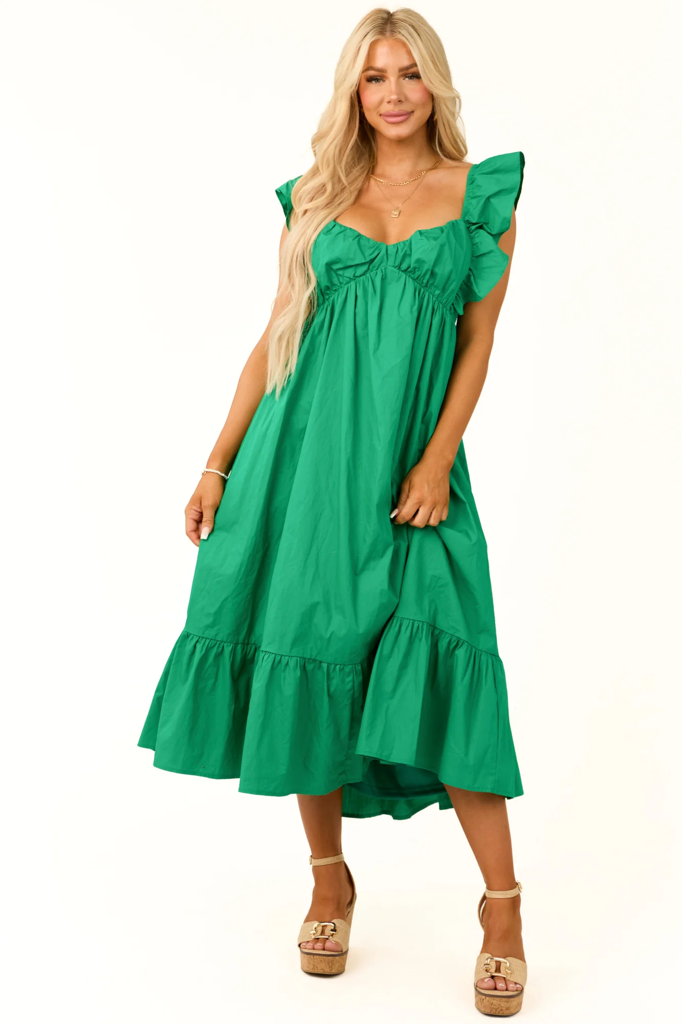 Kelly Green Sweetheart Neckline Midi Dress with Flutter Sleeves