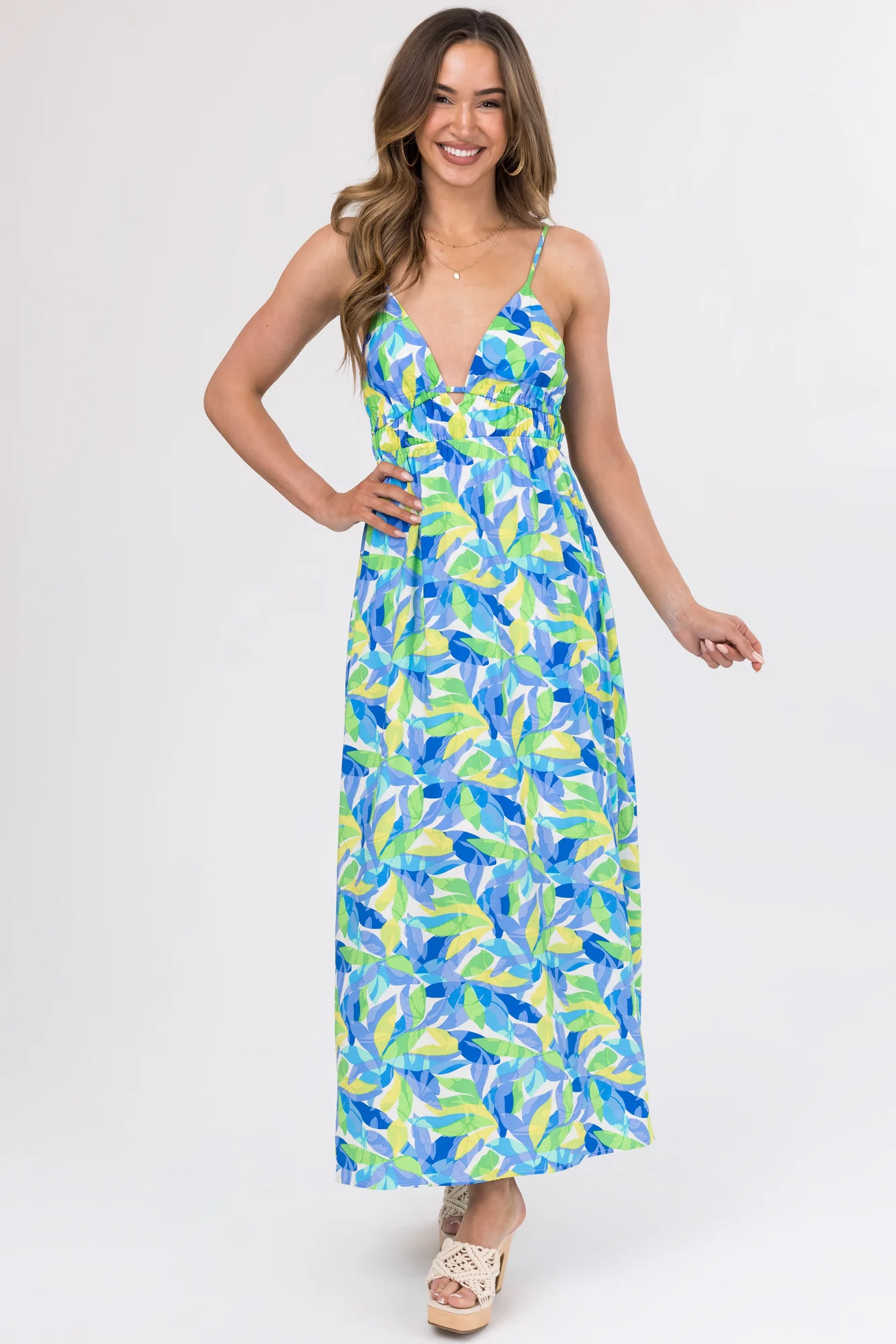 Sapphire V-Neck Leaf Print Maxi Dress