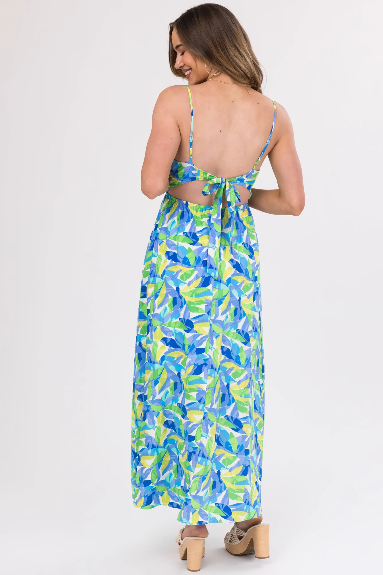Sapphire V-Neck Leaf Print Maxi Dress