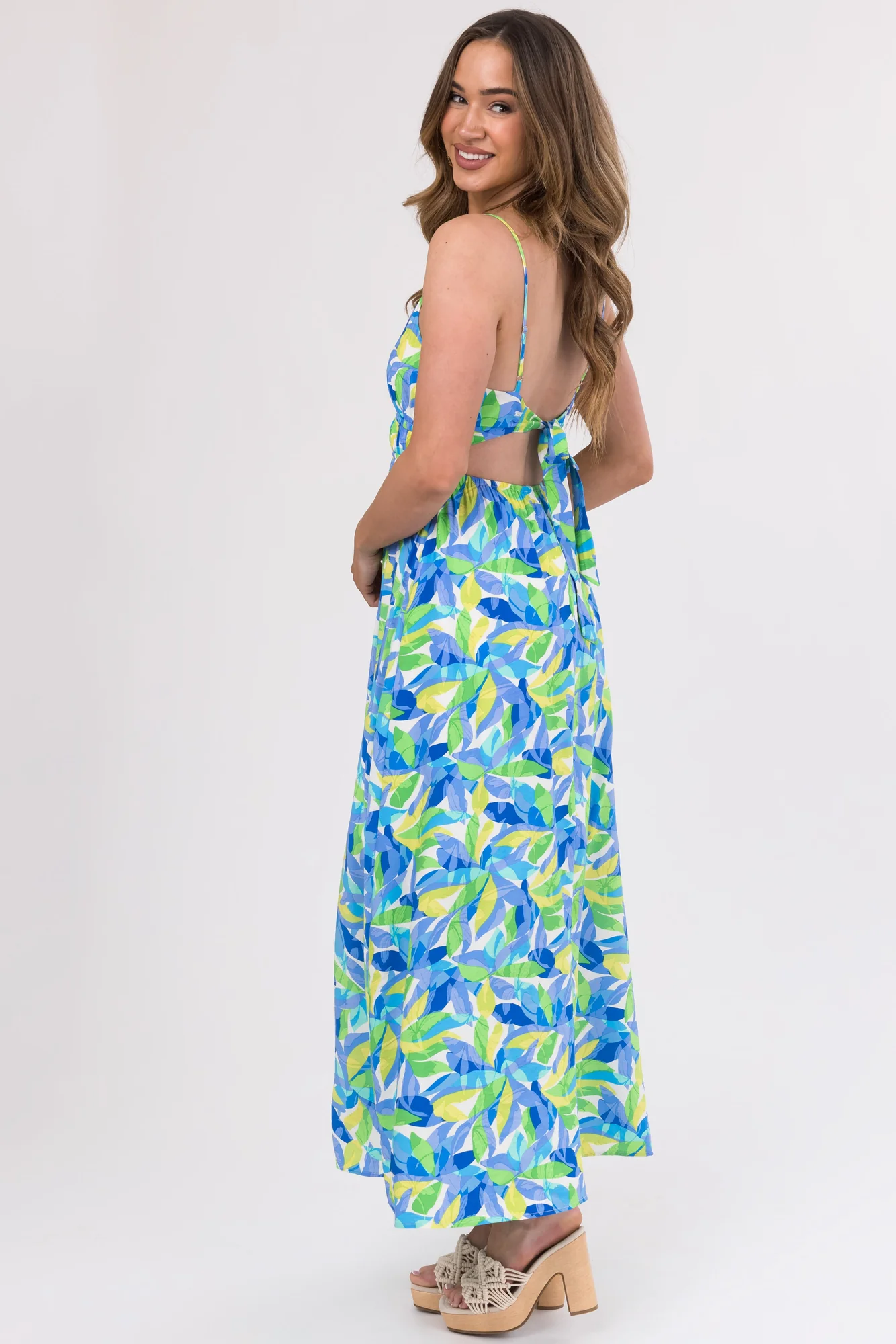 Sapphire V-Neck Leaf Print Maxi Dress