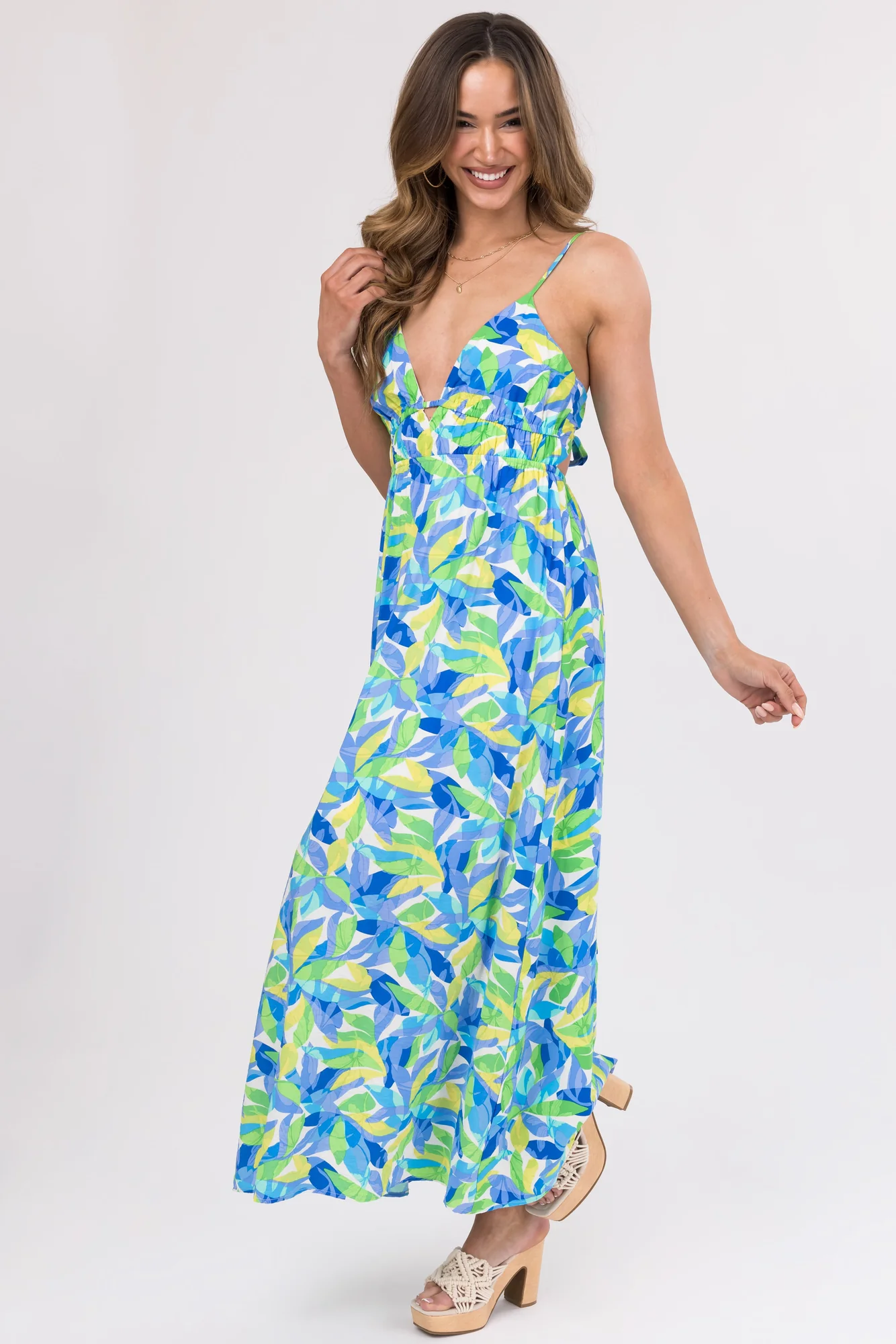 Sapphire V-Neck Leaf Print Maxi Dress