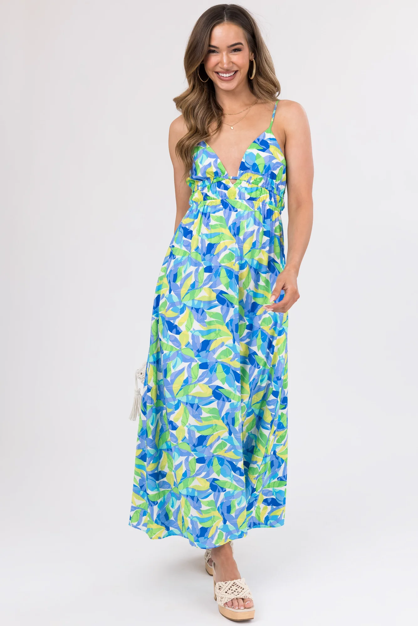 Sapphire V-Neck Leaf Print Maxi Dress