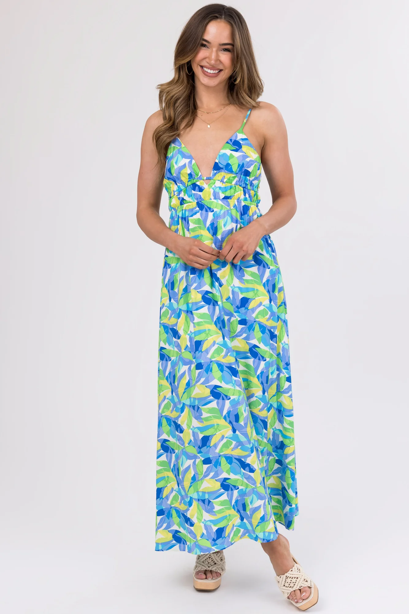 Sapphire V-Neck Leaf Print Maxi Dress