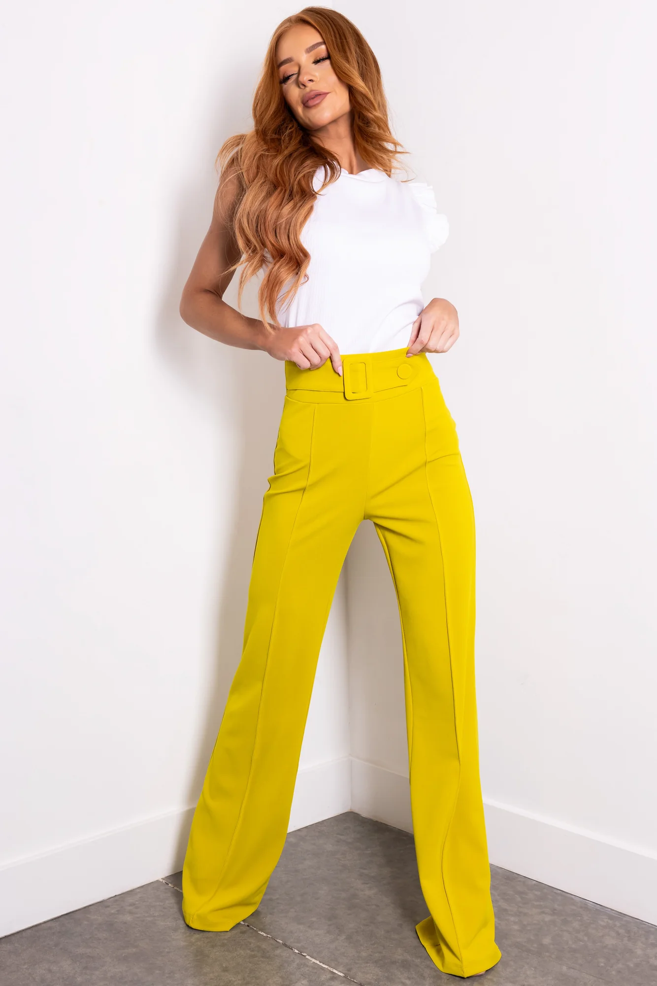 Green High Waist Pleated Pants with Belt Detail