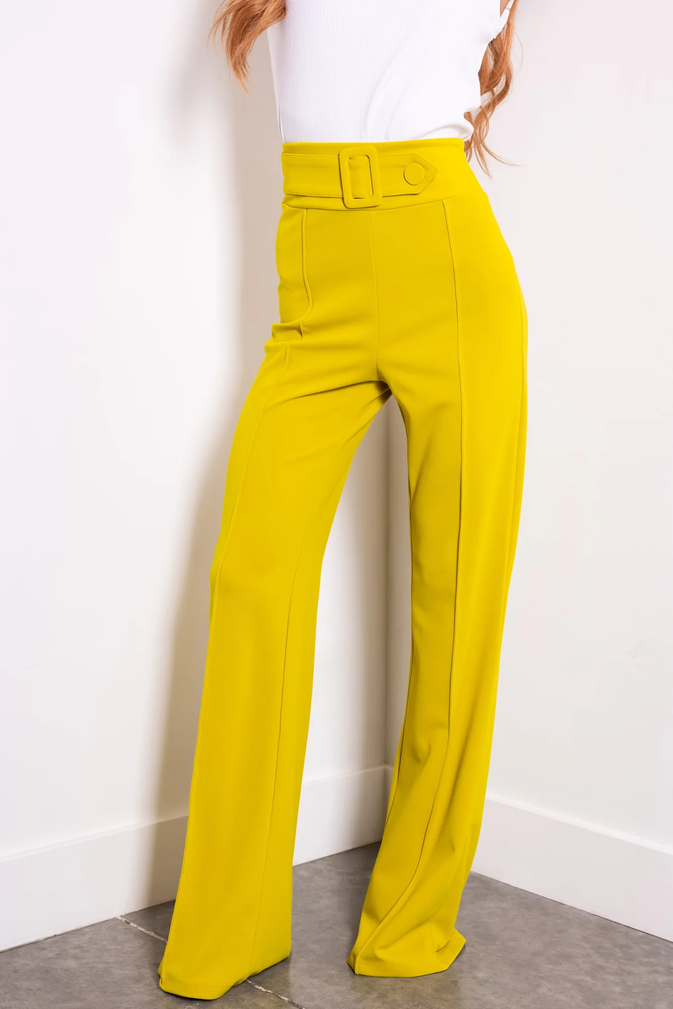 Green High Waist Pleated Pants with Belt Detail