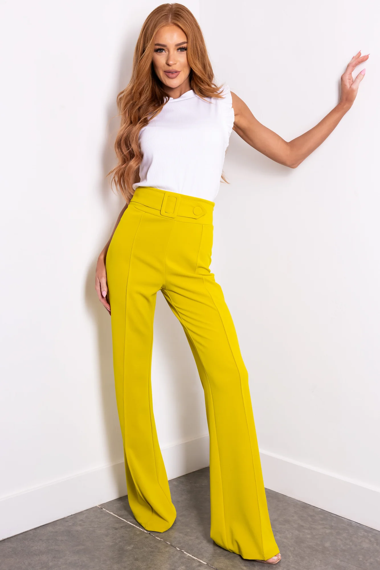 Green High Waist Pleated Pants with Belt Detail