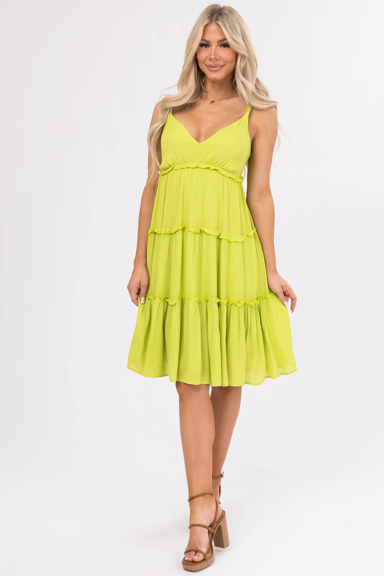 Green Ruffle V Neck Knee-Length Casual Dress