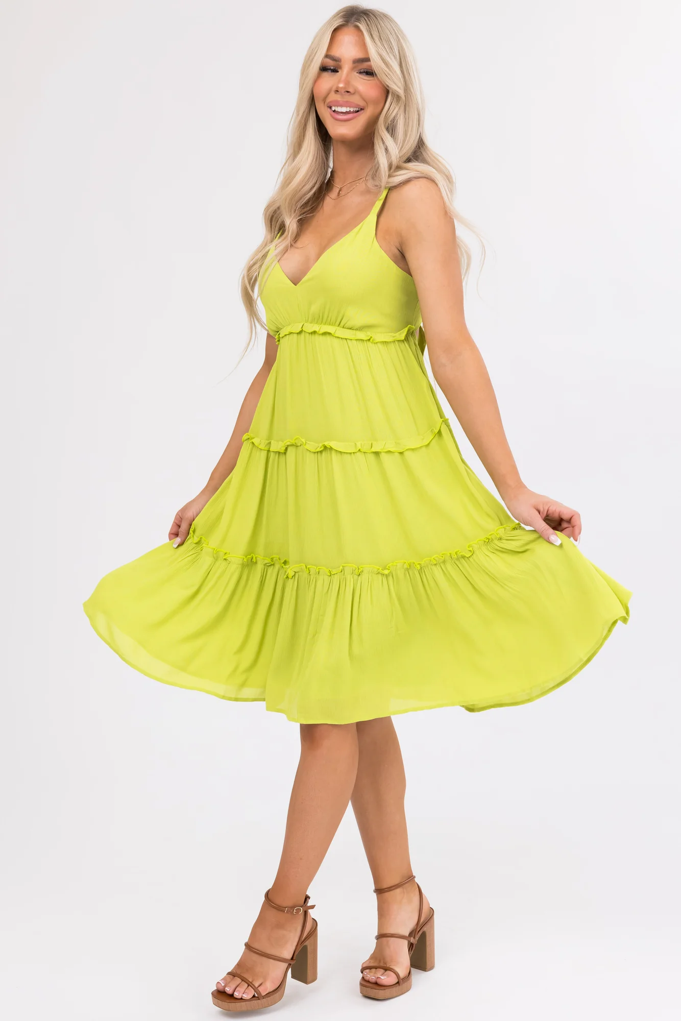 Green Ruffle V Neck Knee-Length Casual Dress