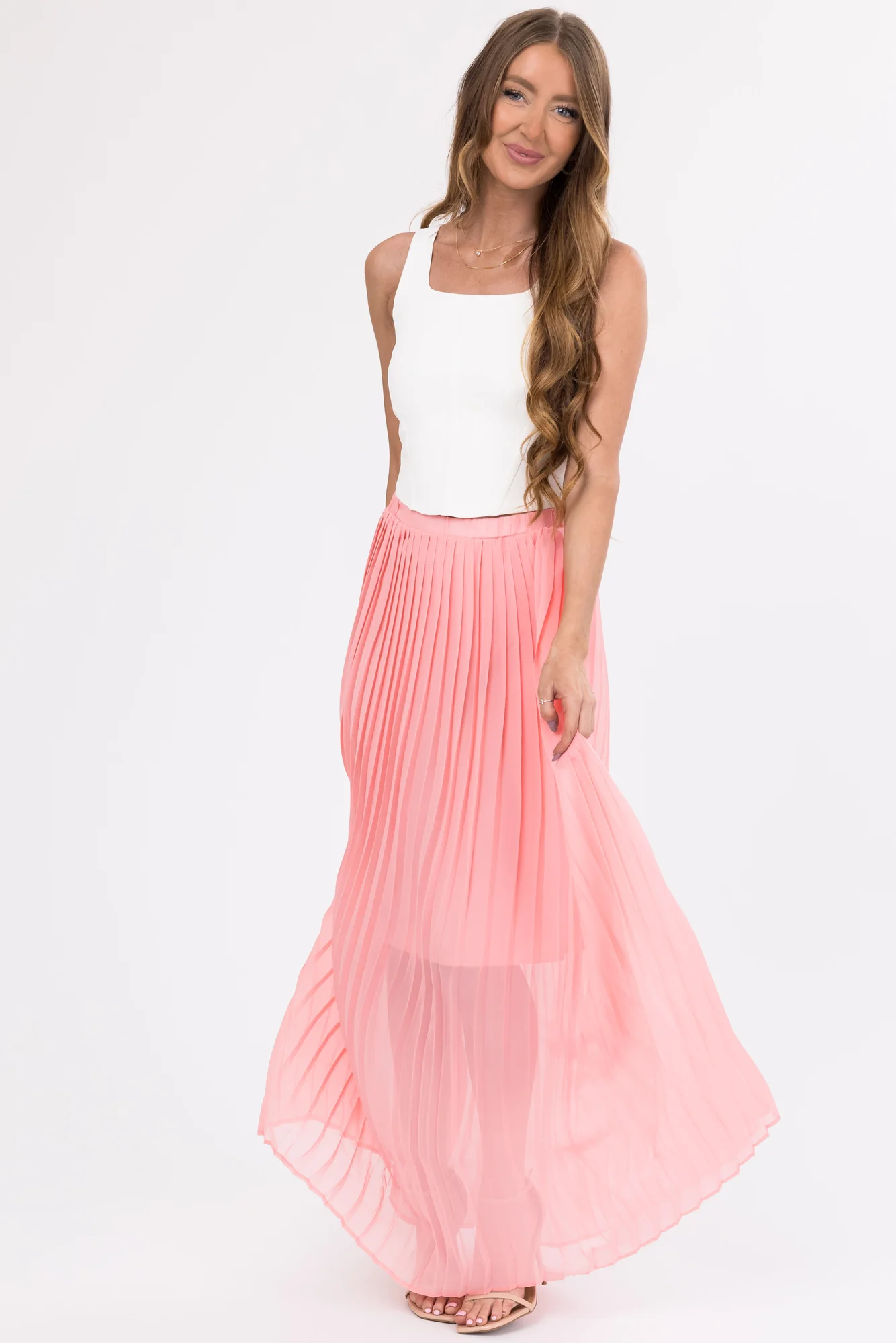 Pink Pleated Chiffon Maxi Skirt