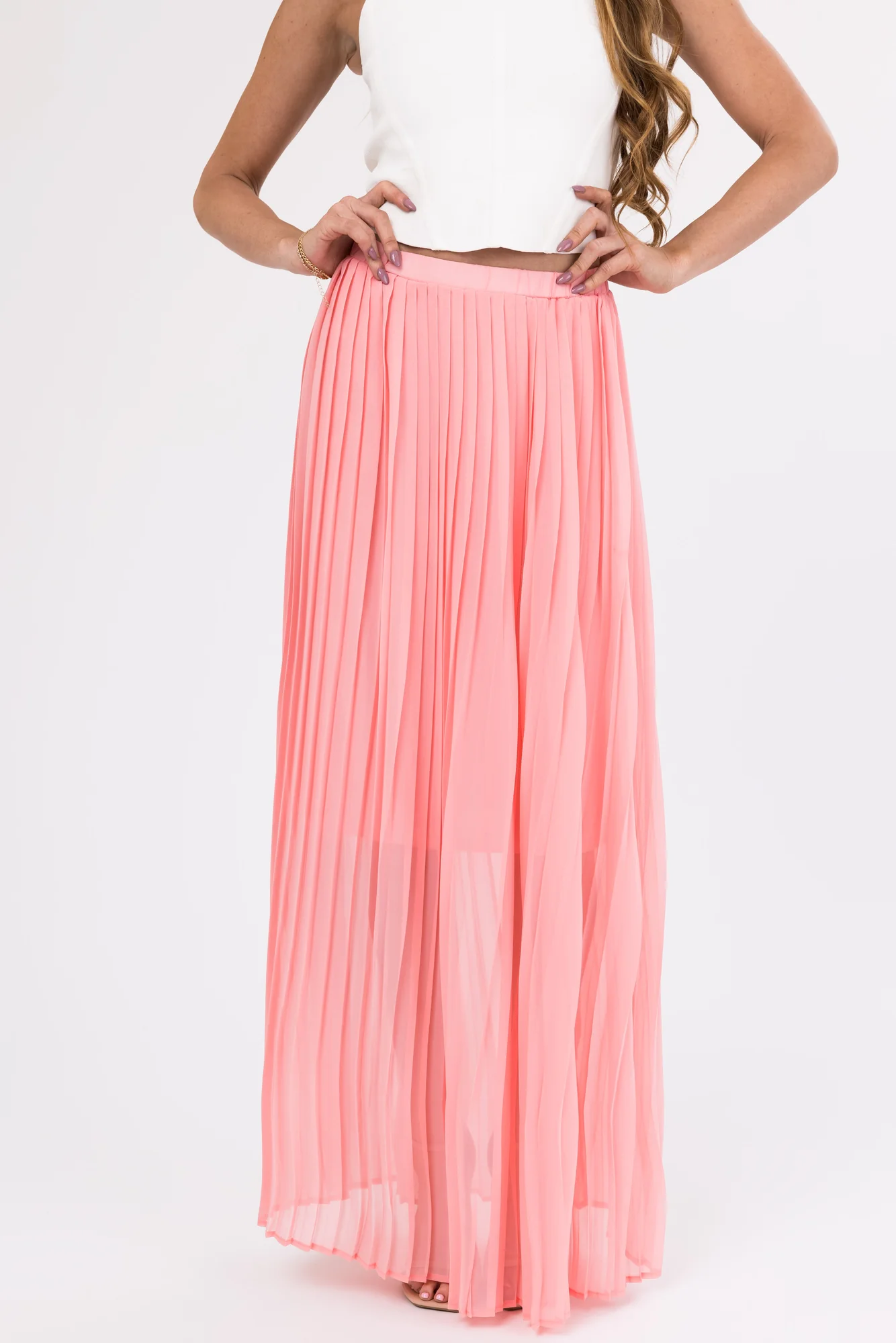 Pink Pleated Chiffon Maxi Skirt
