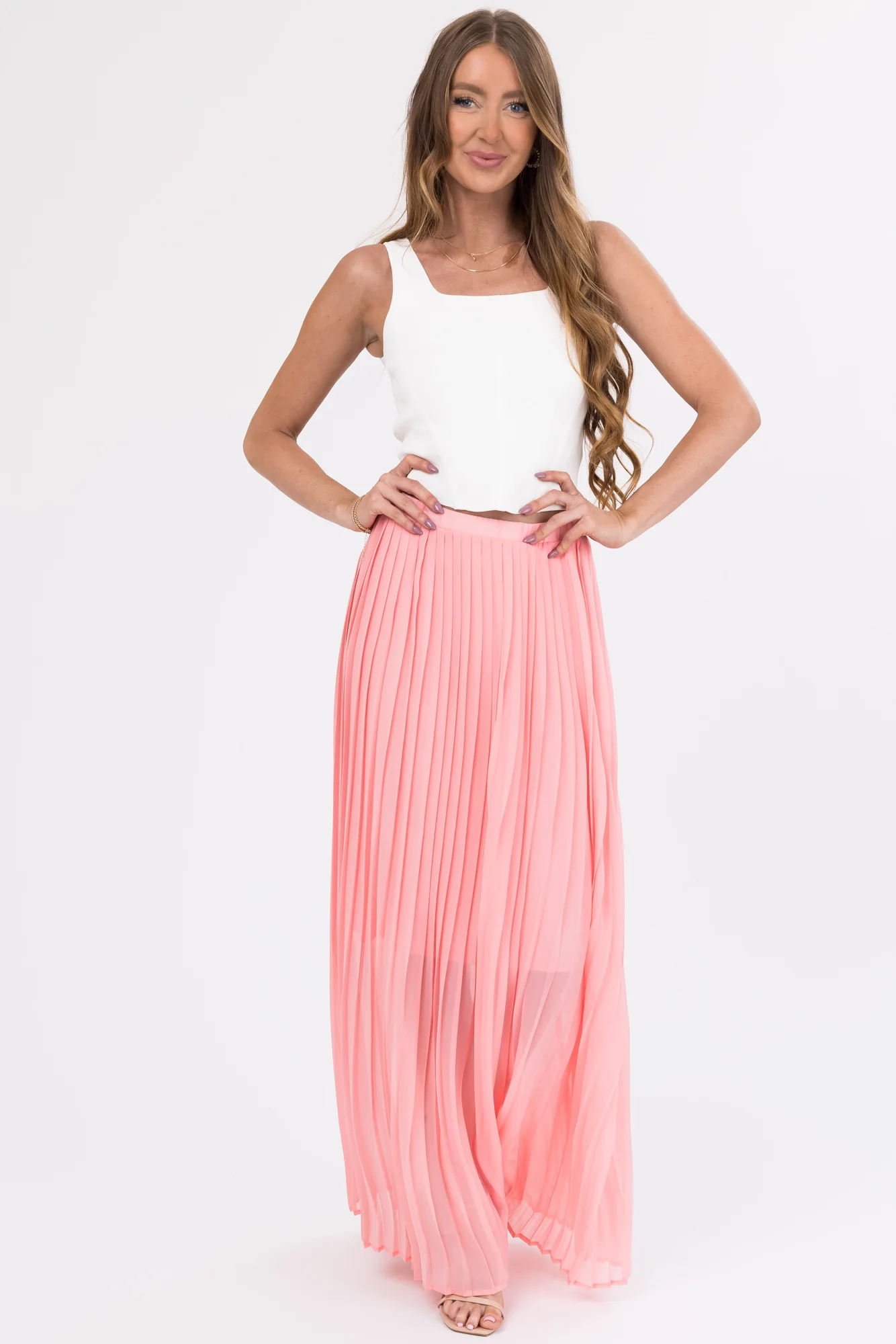 Pink Pleated Chiffon Maxi Skirt