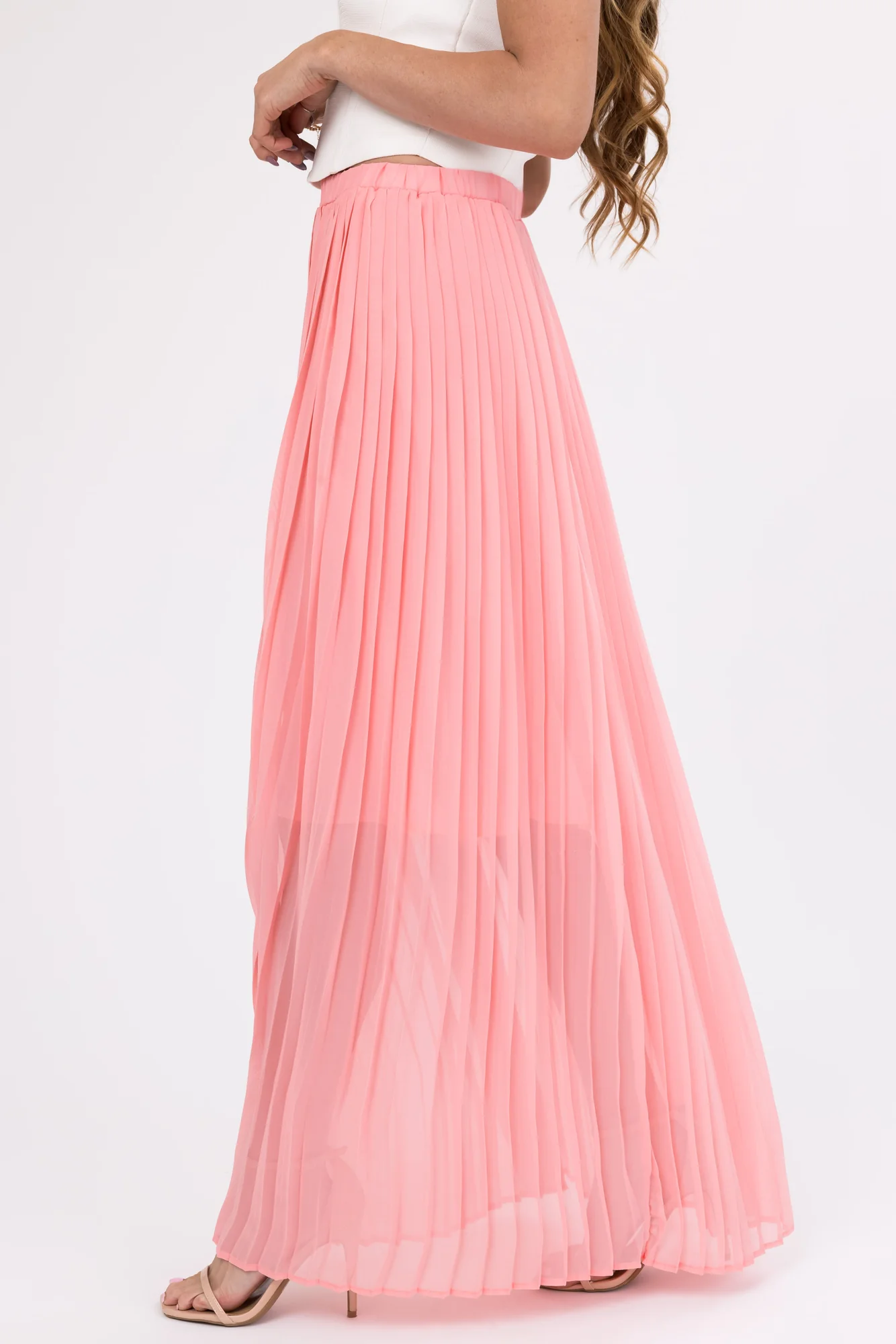Pink Pleated Chiffon Maxi Skirt