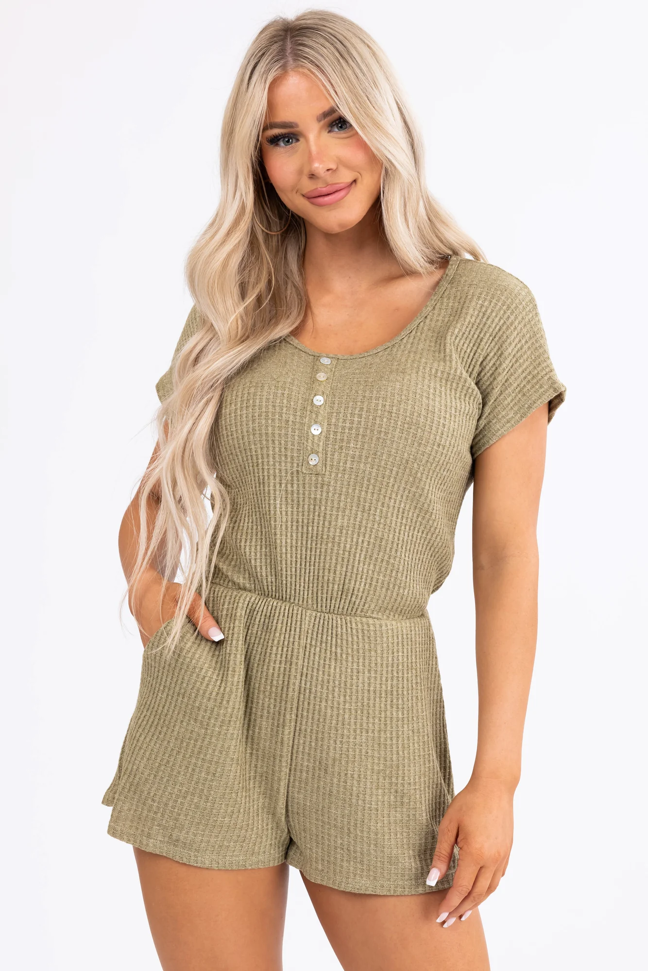 Green Waffle Knit Button Front Romper