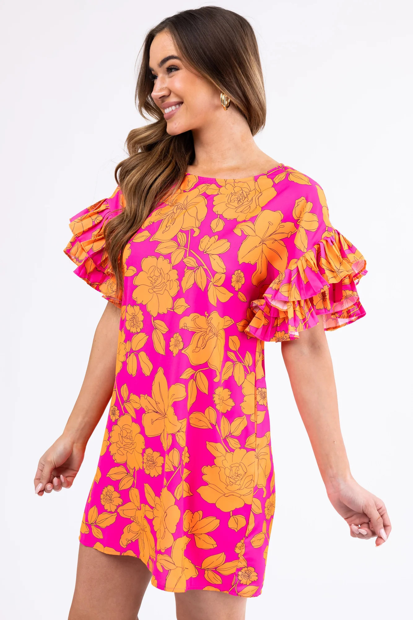Floral Print Short Dress in Magenta and Tangerine