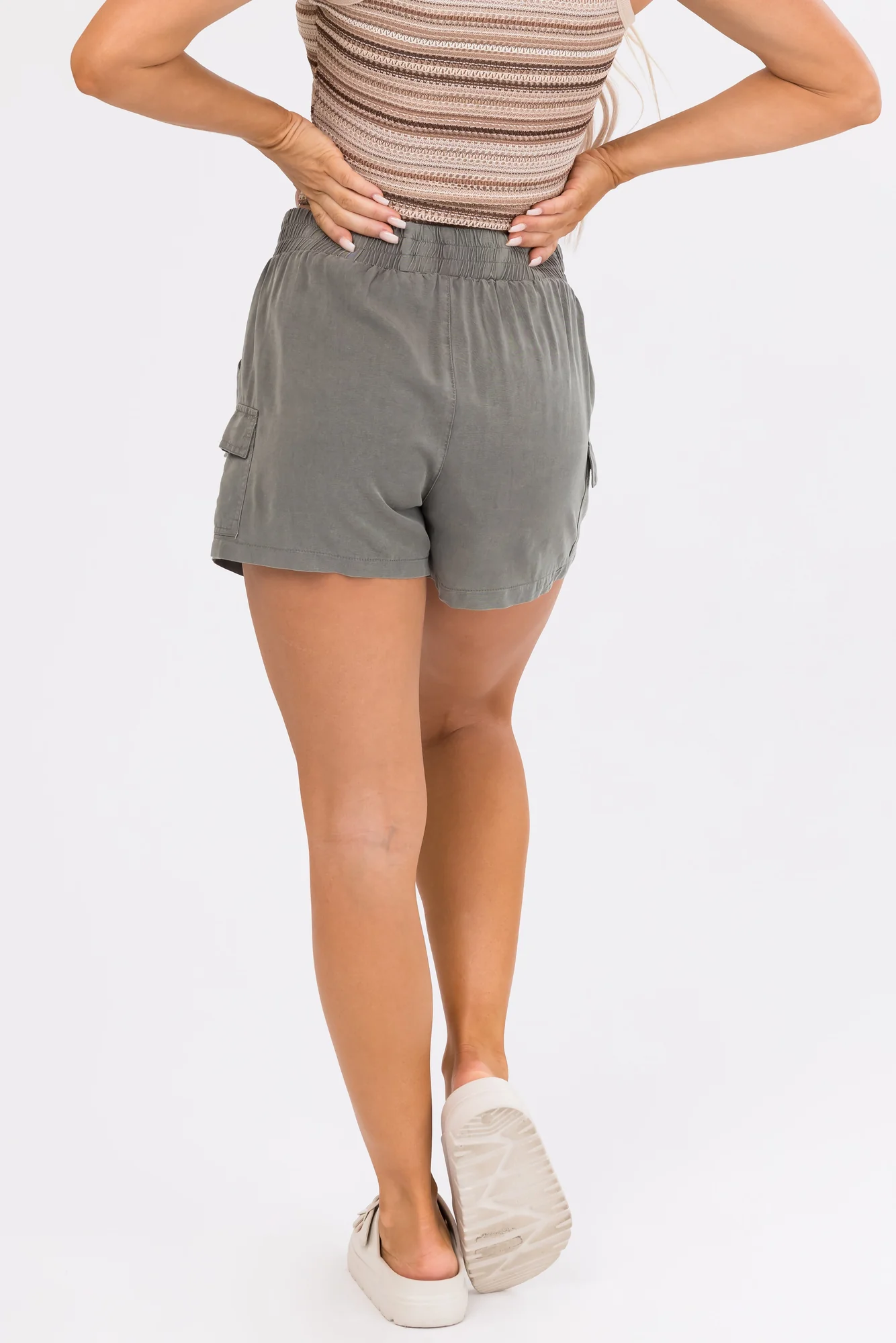Dusty Olive Lightweight Cargo Shorts for Women Elastic Waist