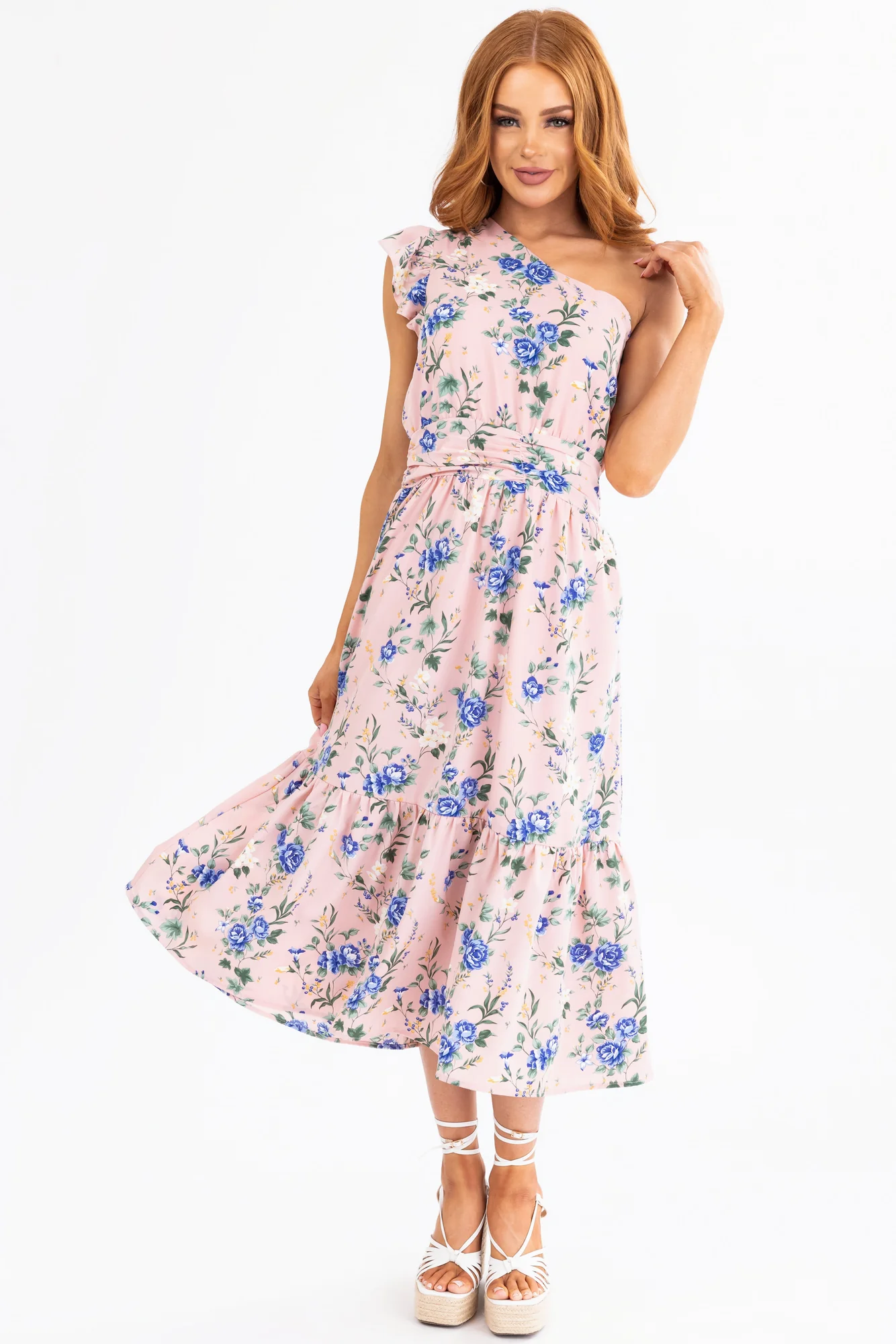 Floral One Shoulder Midi Dress in Cherry Blossom Print
