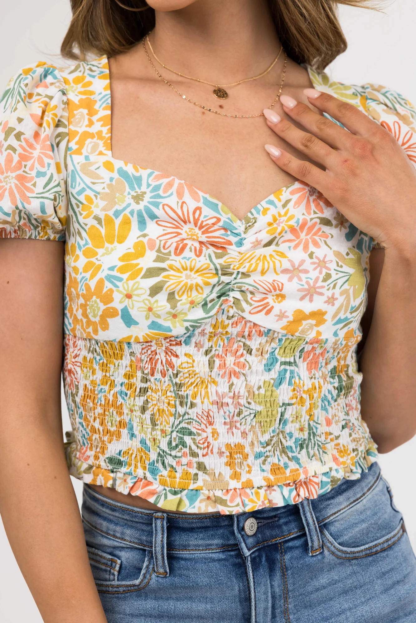 Ivory Floral Print Sweetheart Neck Crop Top - Stylish Casual Choice