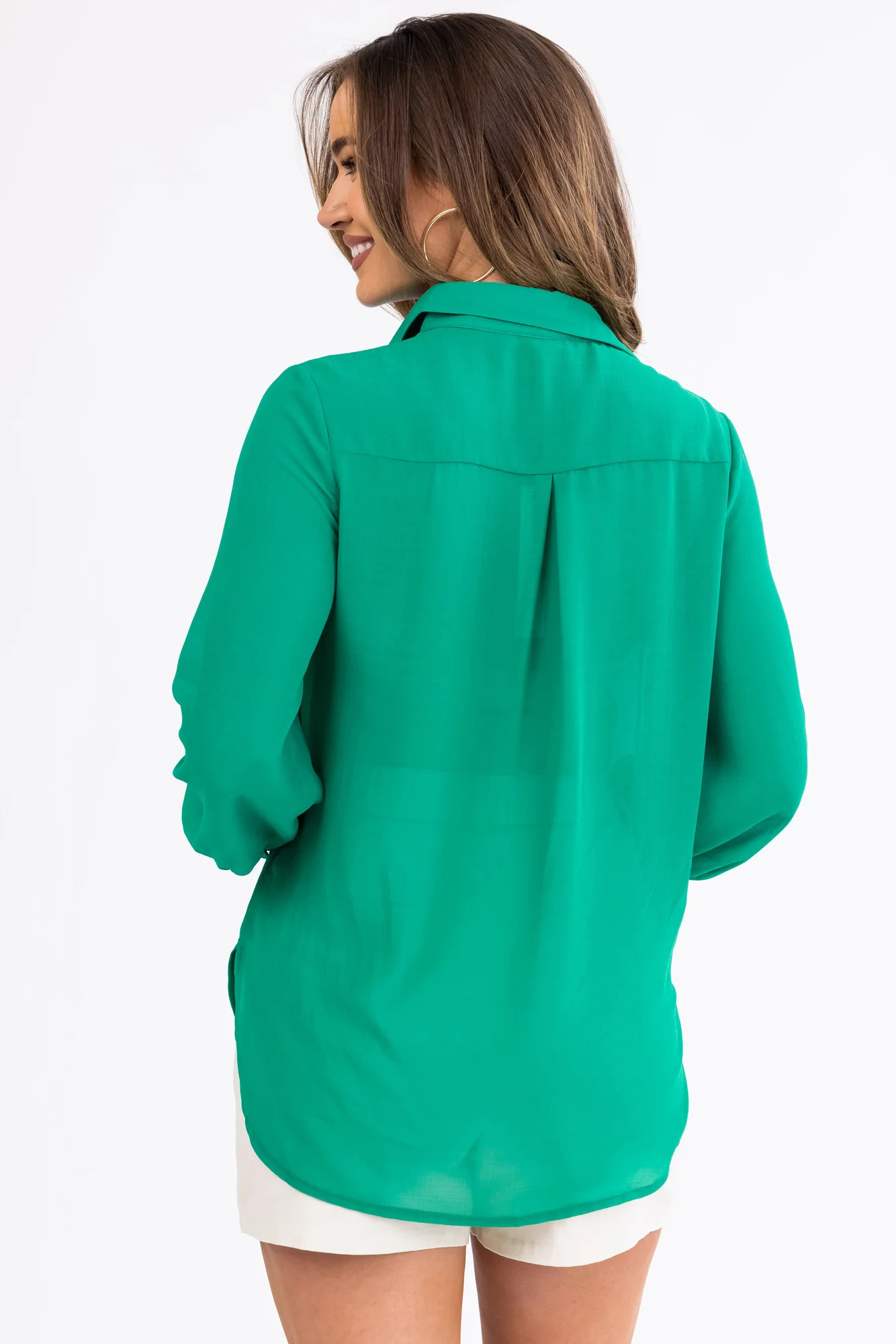 Green Long Sleeve Collared Button Up Blouse