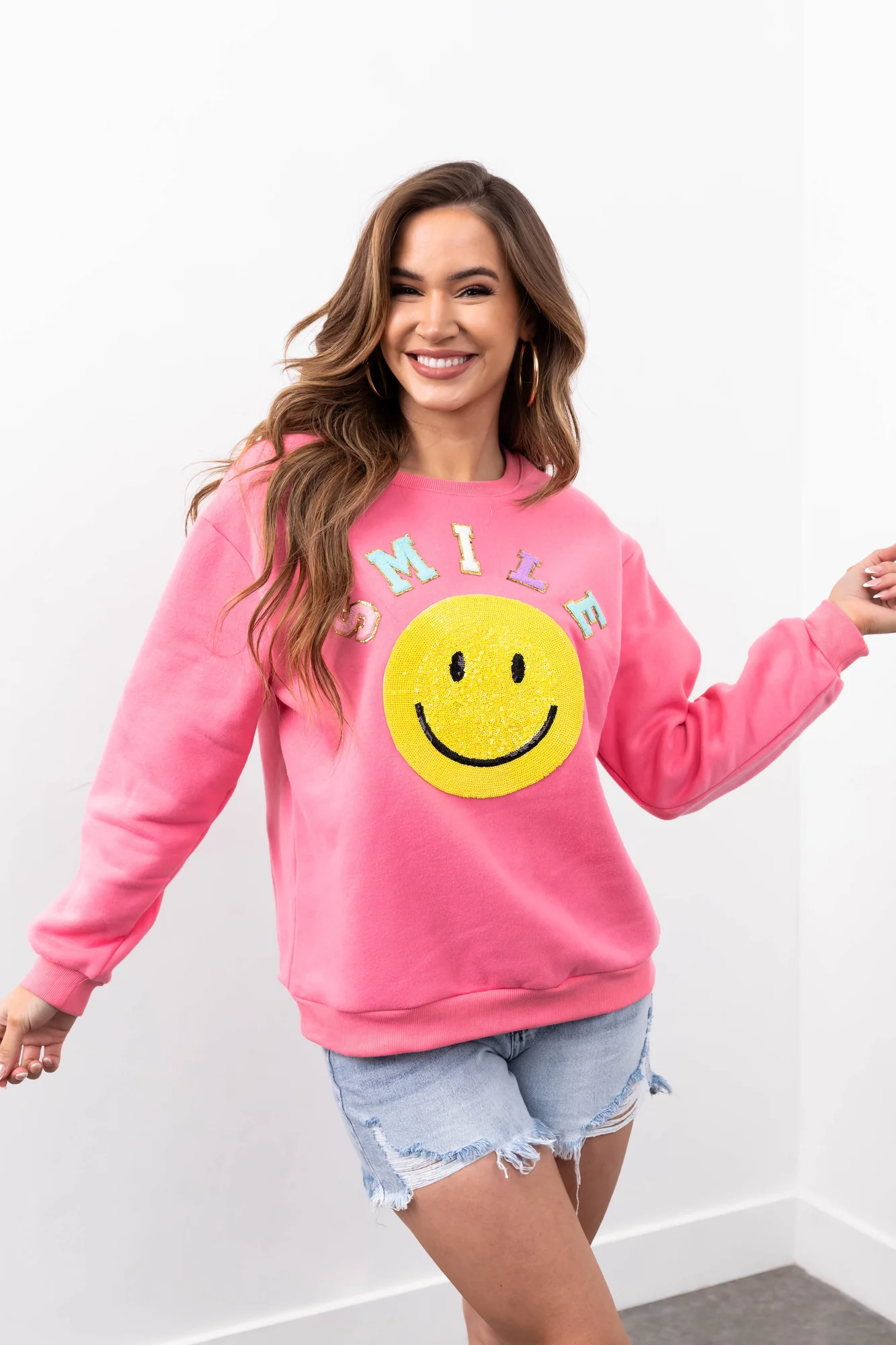 Baby Pink SequinSmileSweatshirt for Women