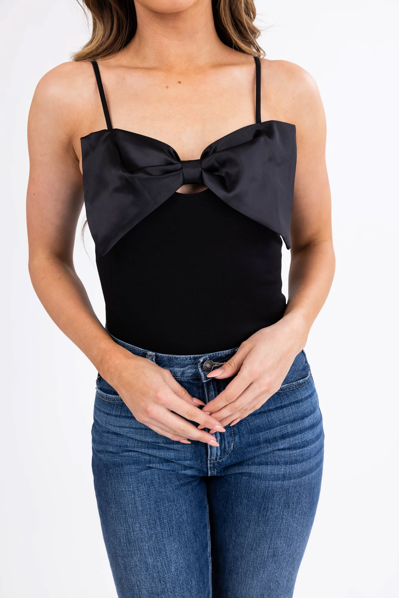 Black Satin Bow Bodysuit with Adjustable Straps