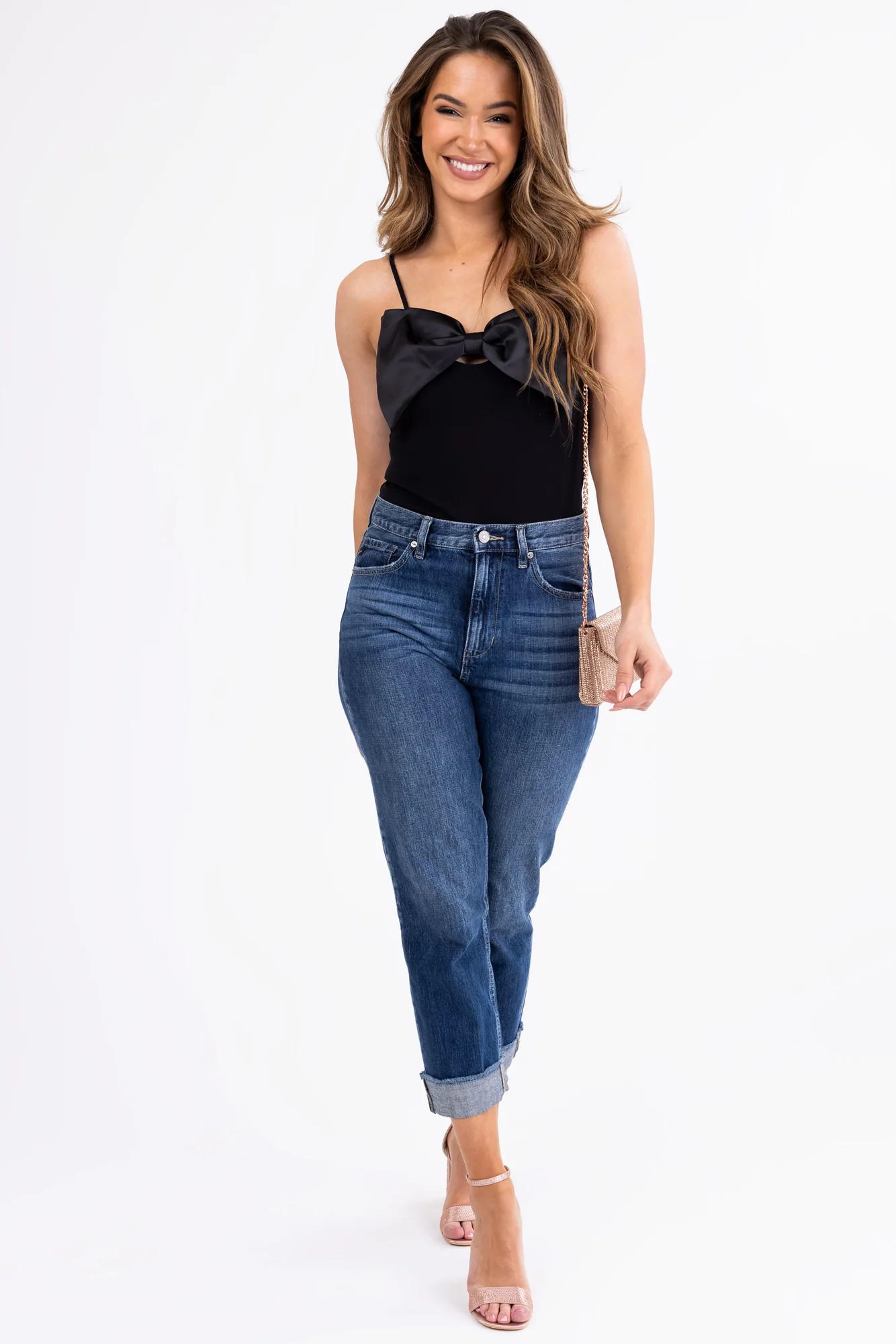 Black Satin Bow Bodysuit with Adjustable Straps