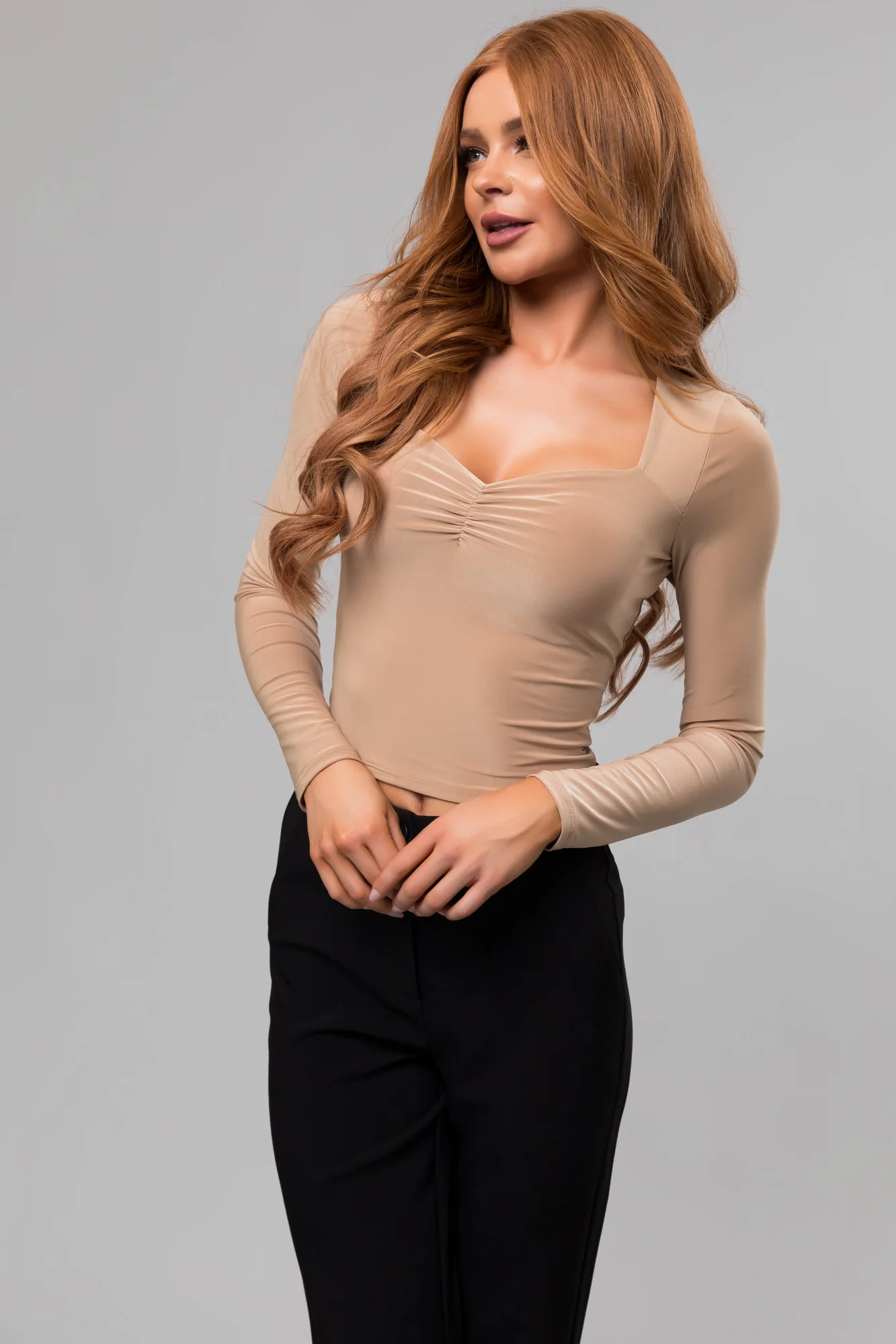 Taupe Sweetheart Neck Silky Knit Crop Top