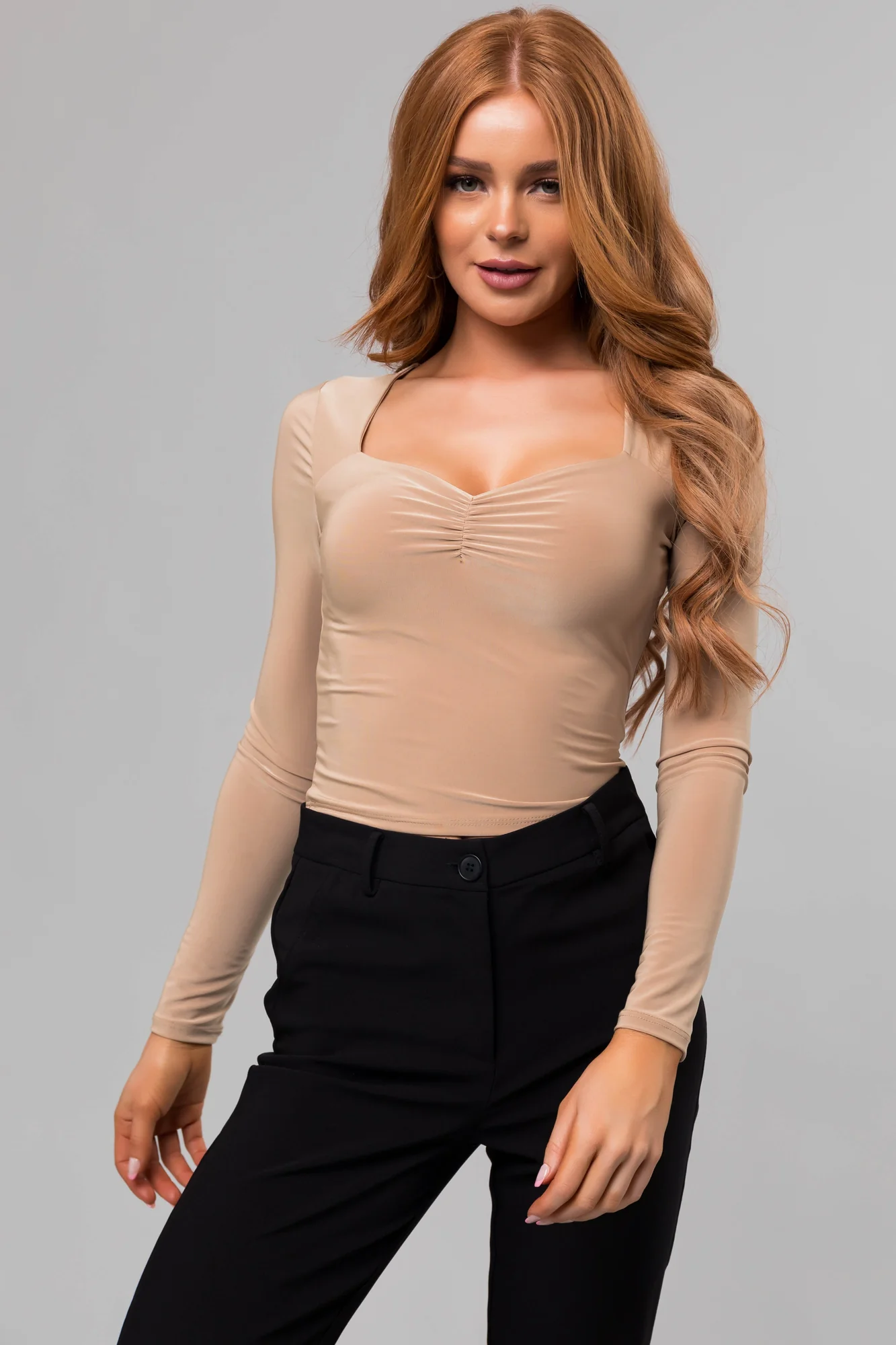 Taupe Sweetheart Neck Silky Knit Crop Top