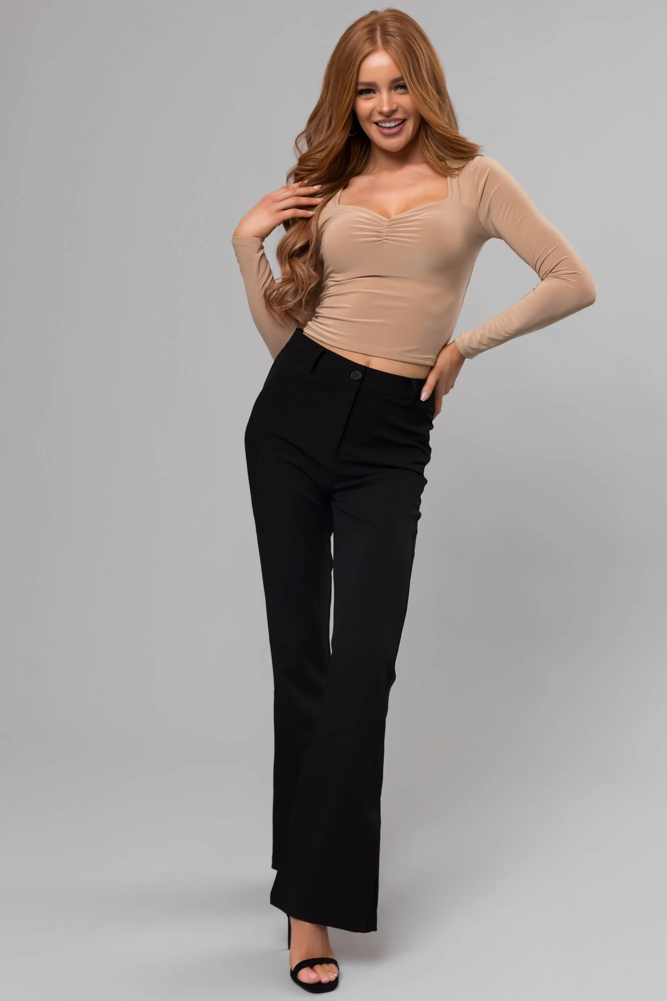 Taupe Sweetheart Neck Silky Knit Crop Top