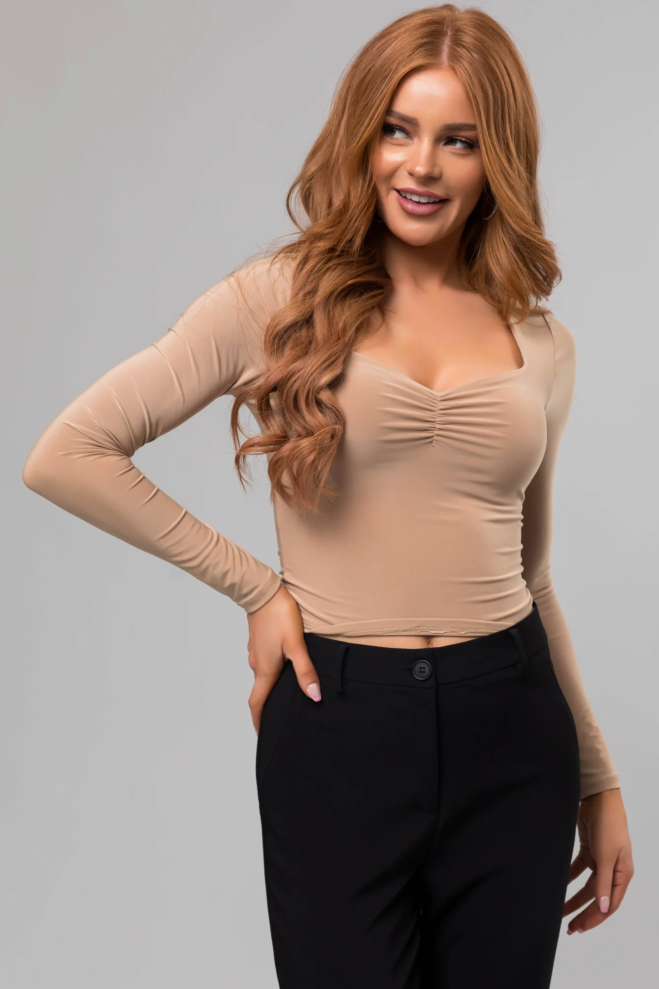 Taupe Sweetheart Neck Silky Knit Crop Top