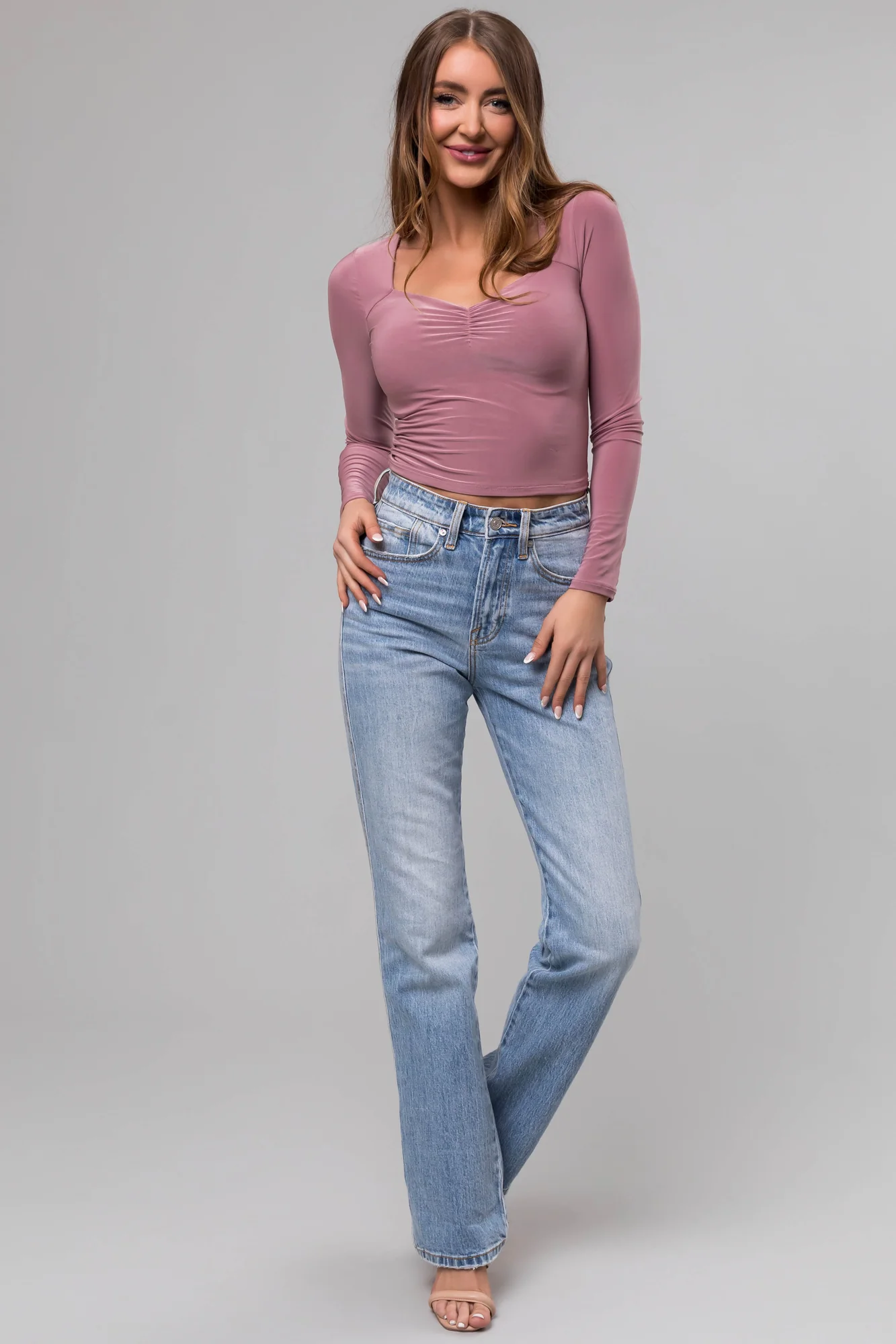 Mauve Sweetheart Neck Sleeve Crop Top