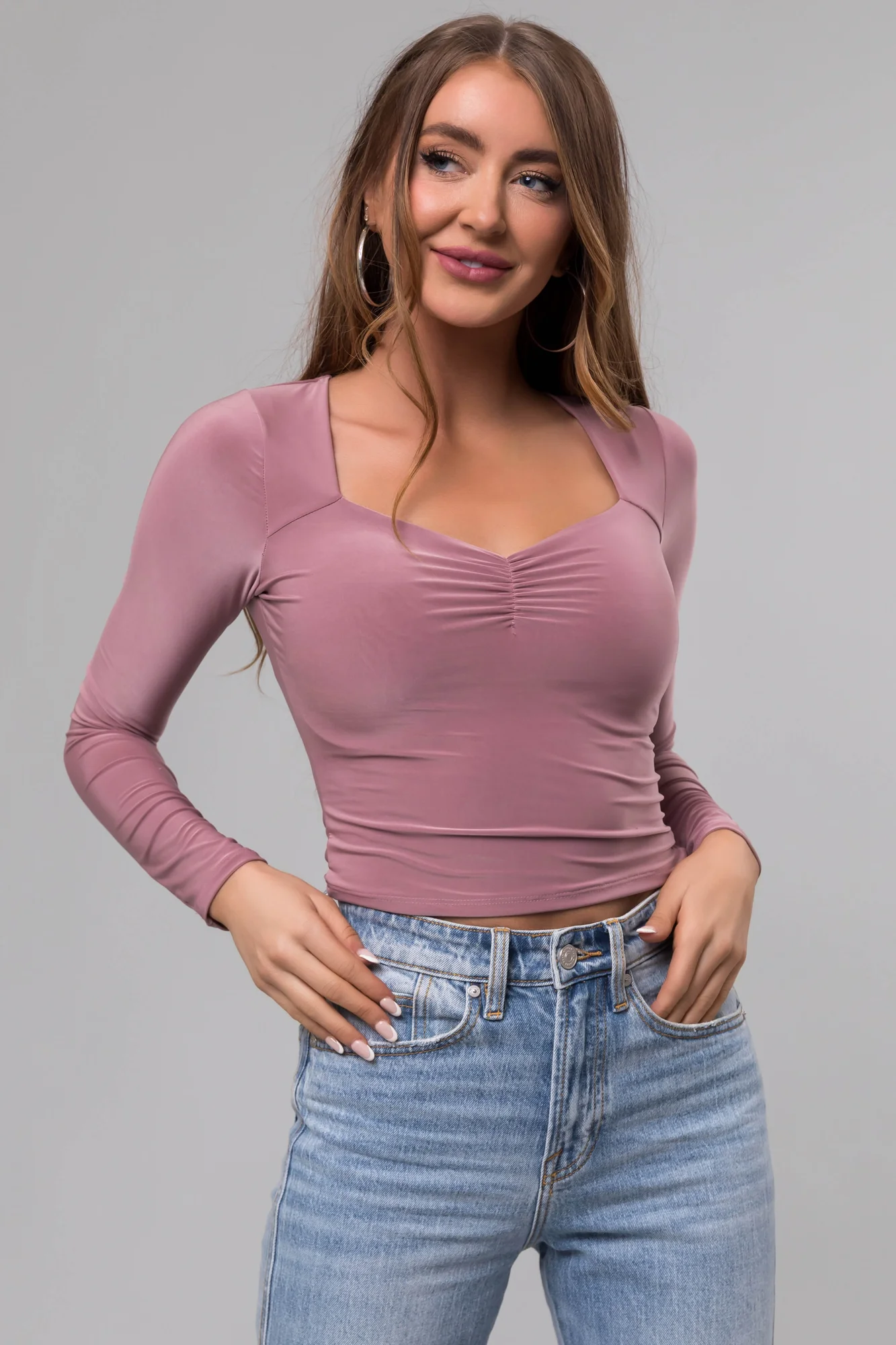Mauve Sweetheart Neck Sleeve Crop Top
