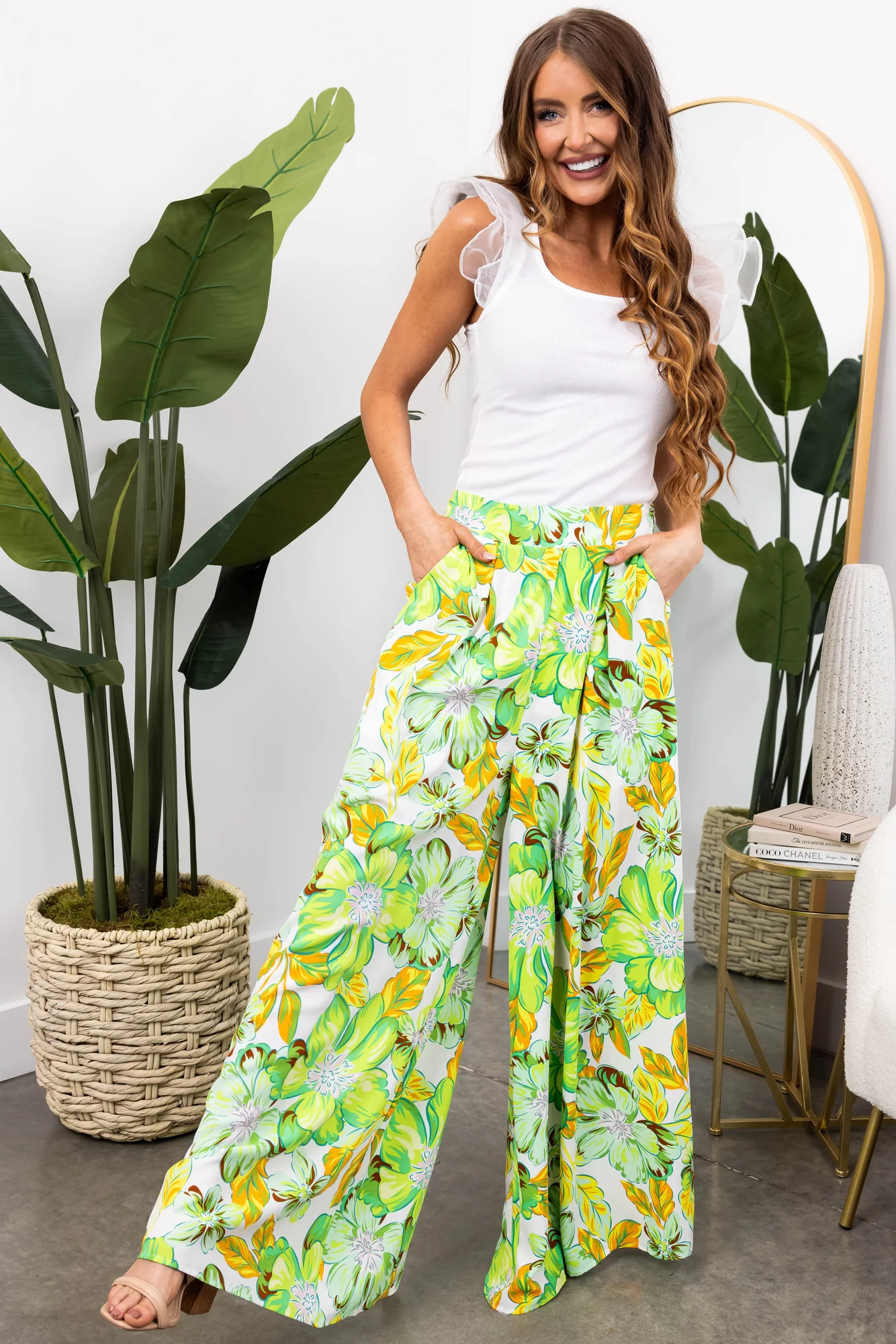 Wide Leg Floral Print Flowy Pants in Lime Green