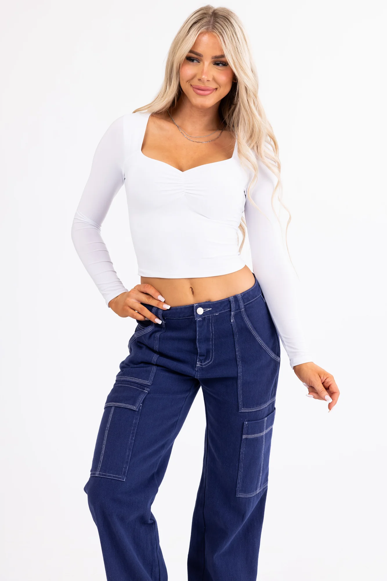 Sweetheart Neck Long Sleeve White Crop Top