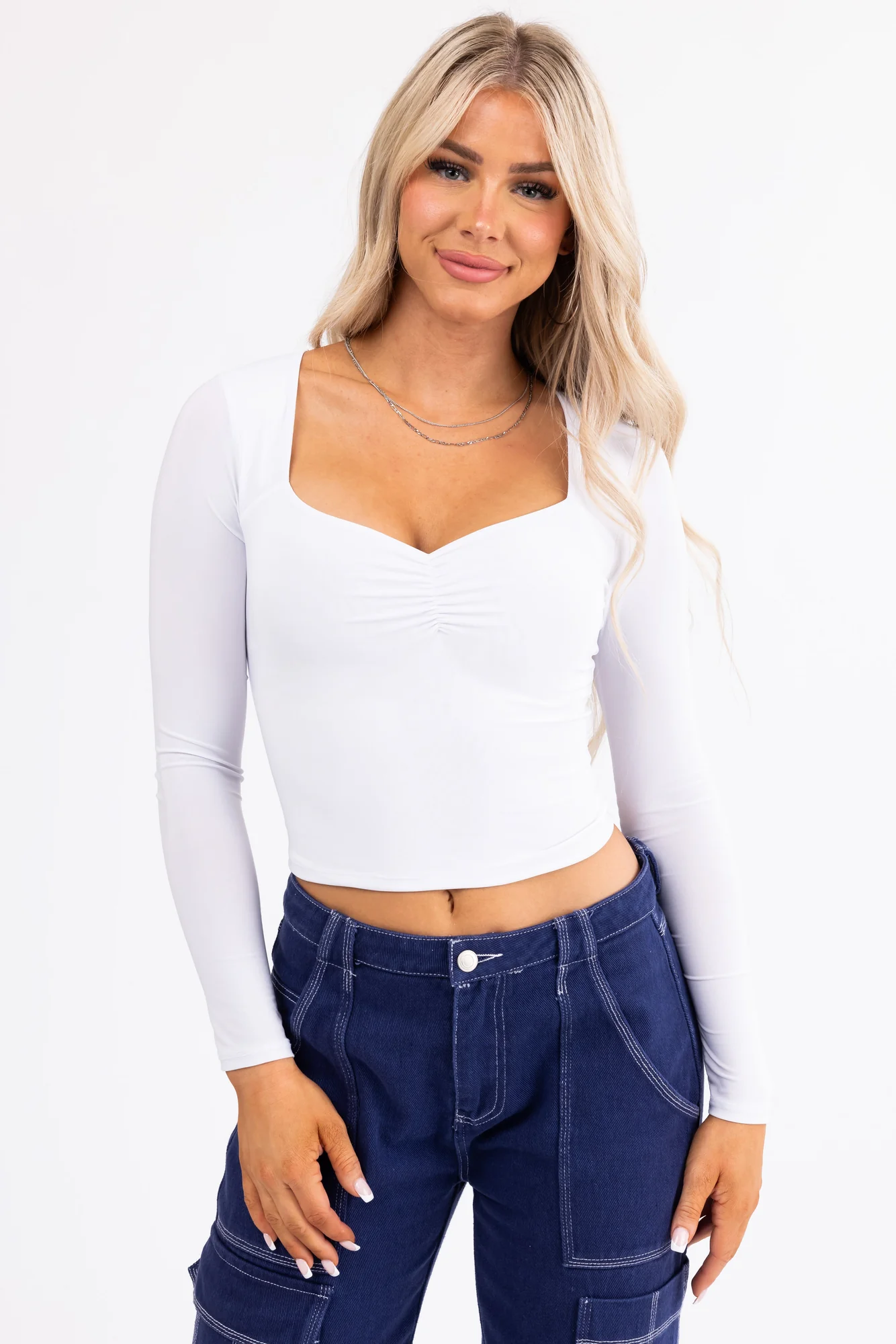 Sweetheart Neck Long Sleeve White Crop Top