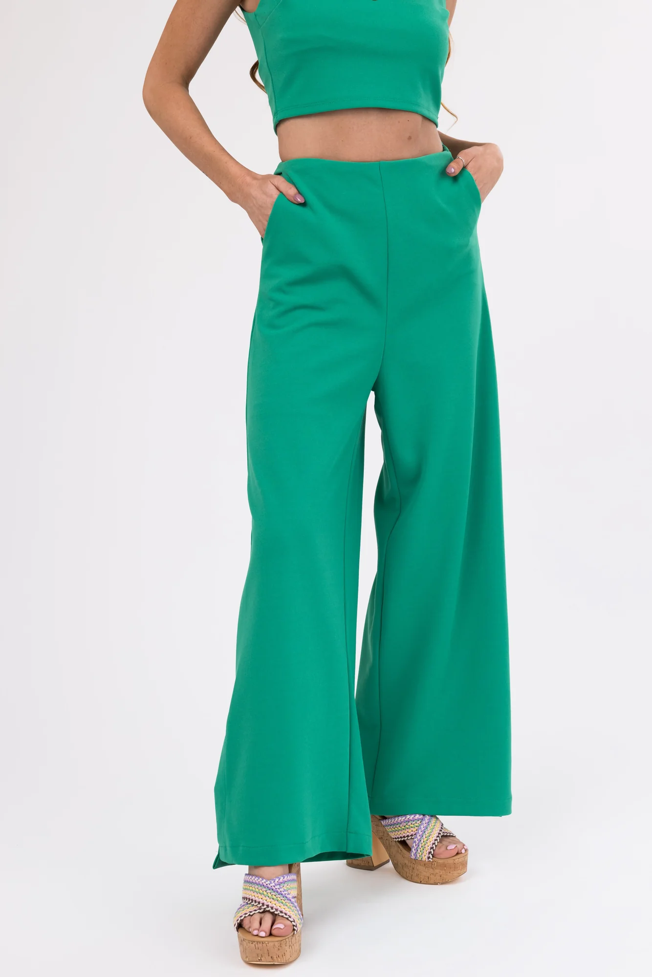 Wide Leg Green Knit Pants with Side Slit - Womens Casual Bottoms