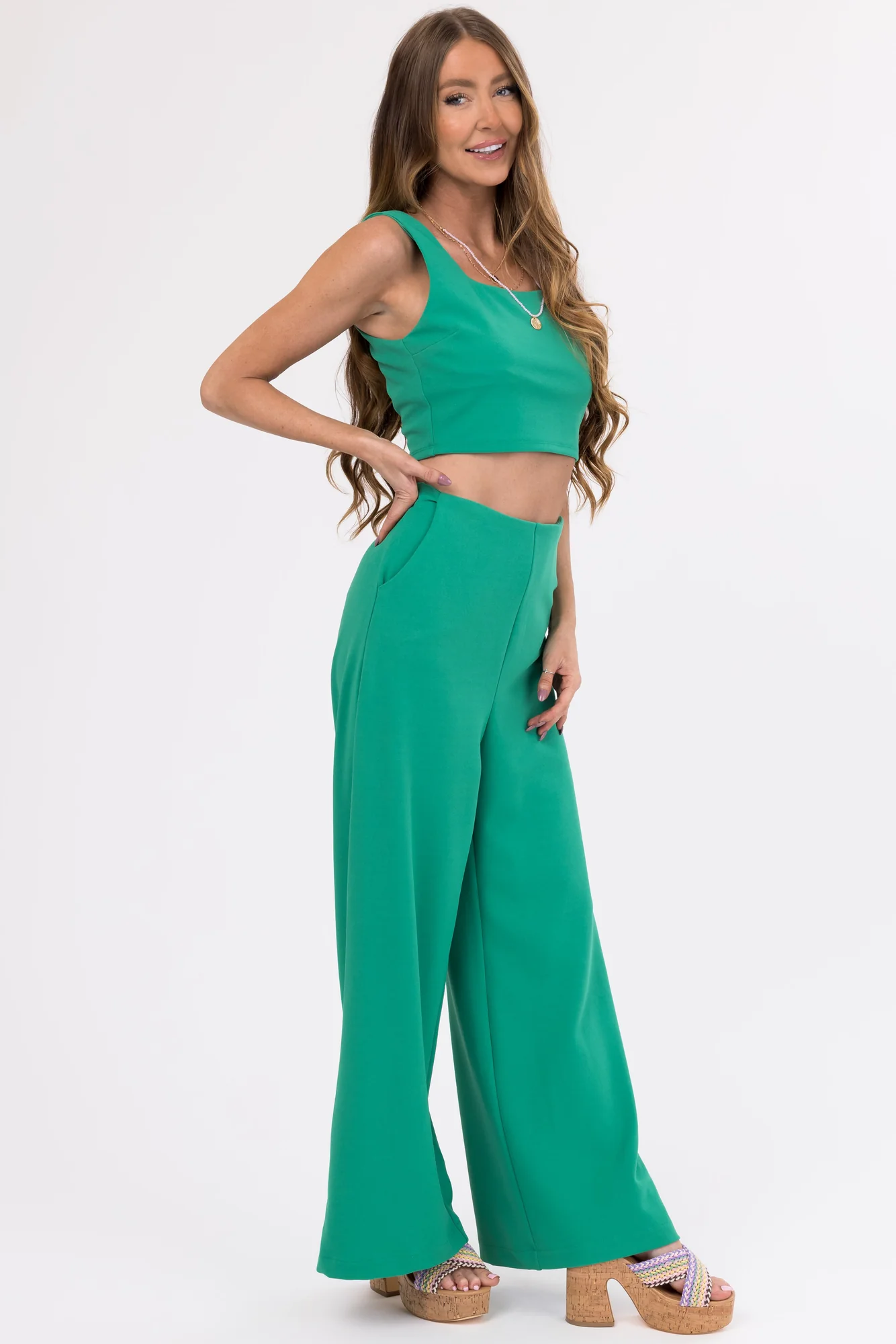 Wide Leg Green Knit Pants with Side Slit - Womens Casual Bottoms