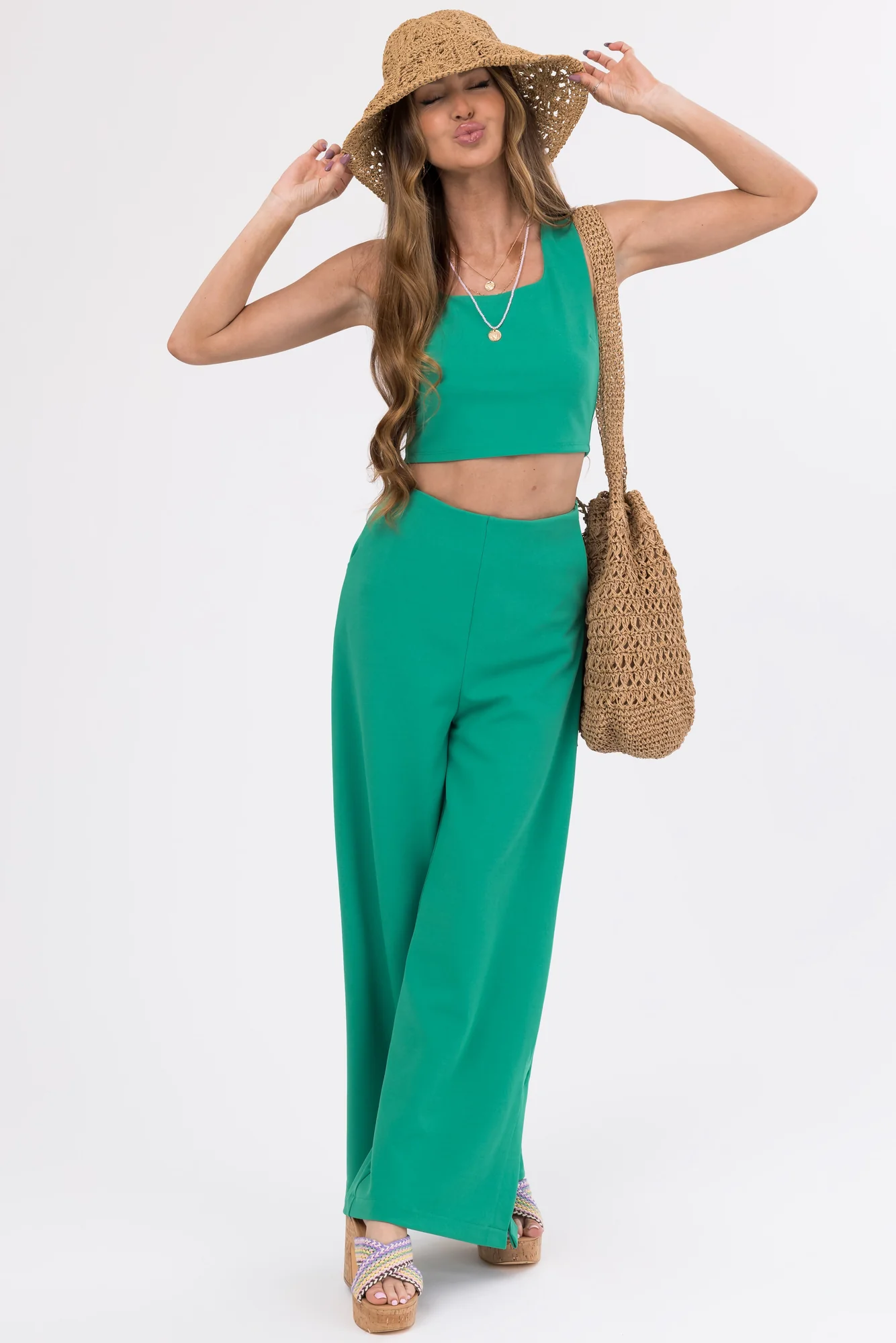 Wide Leg Green Knit Pants with Side Slit - Womens Casual Bottoms