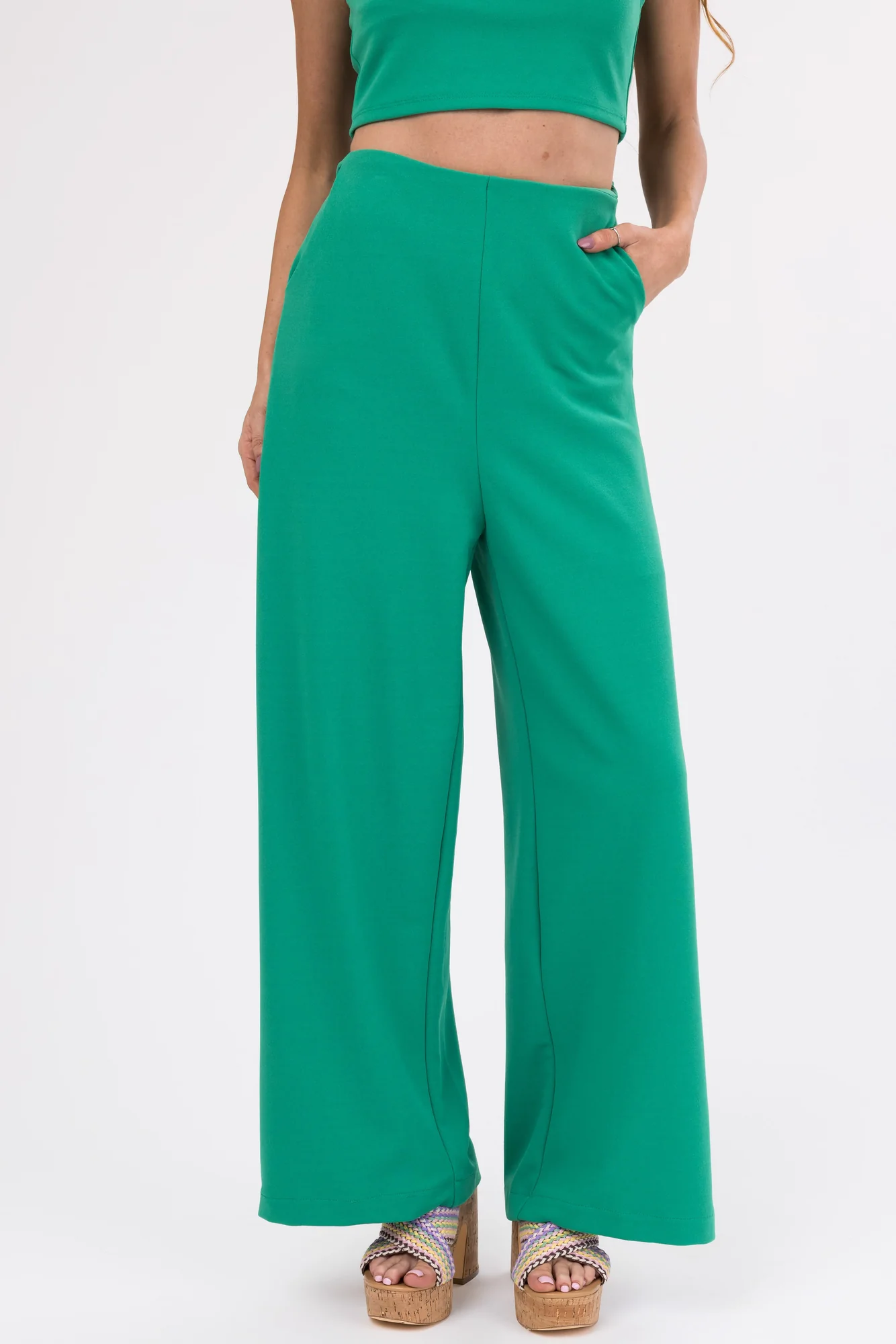 Wide Leg Green Knit Pants with Side Slit - Womens Casual Bottoms