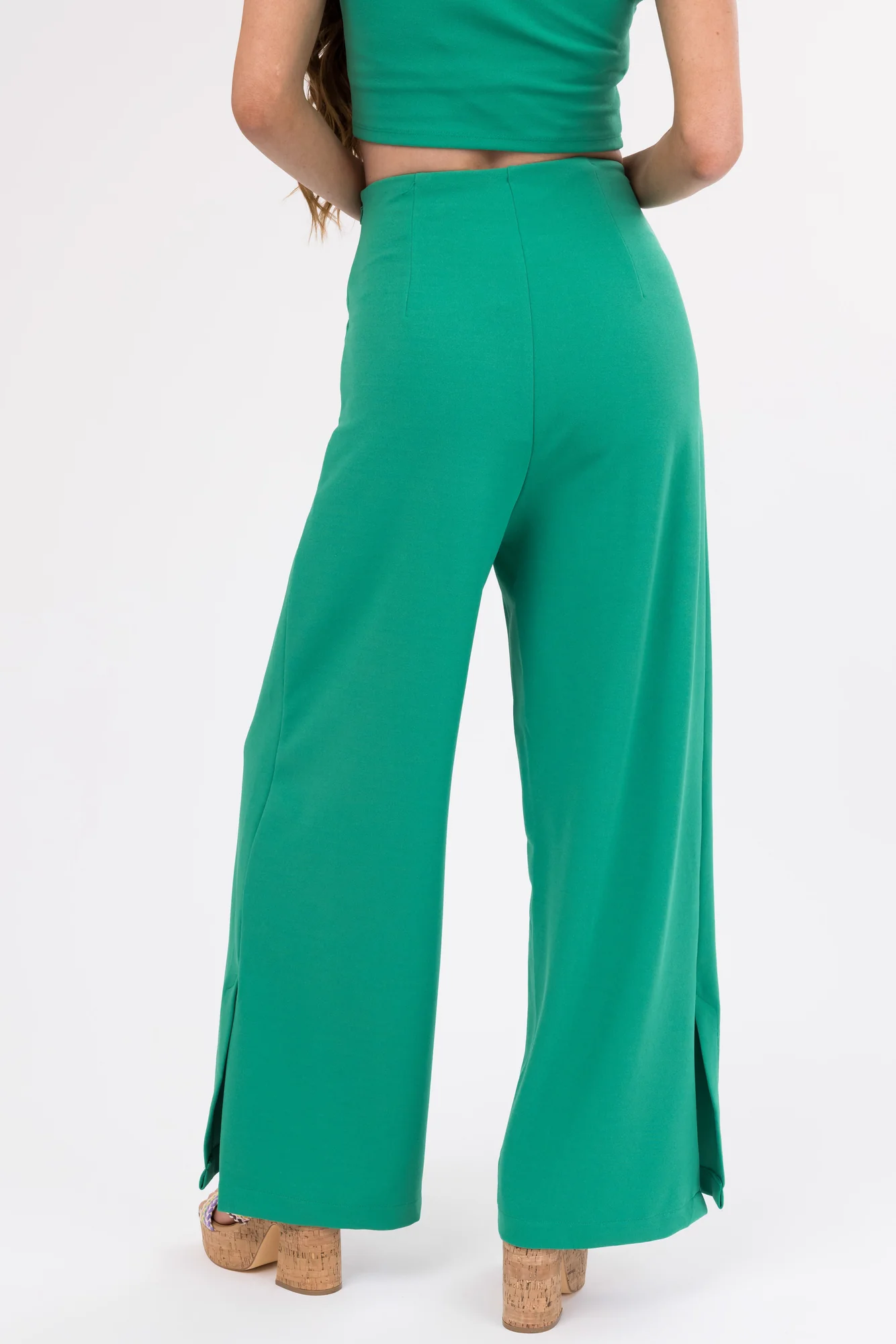 Wide Leg Green Knit Pants with Side Slit - Womens Casual Bottoms