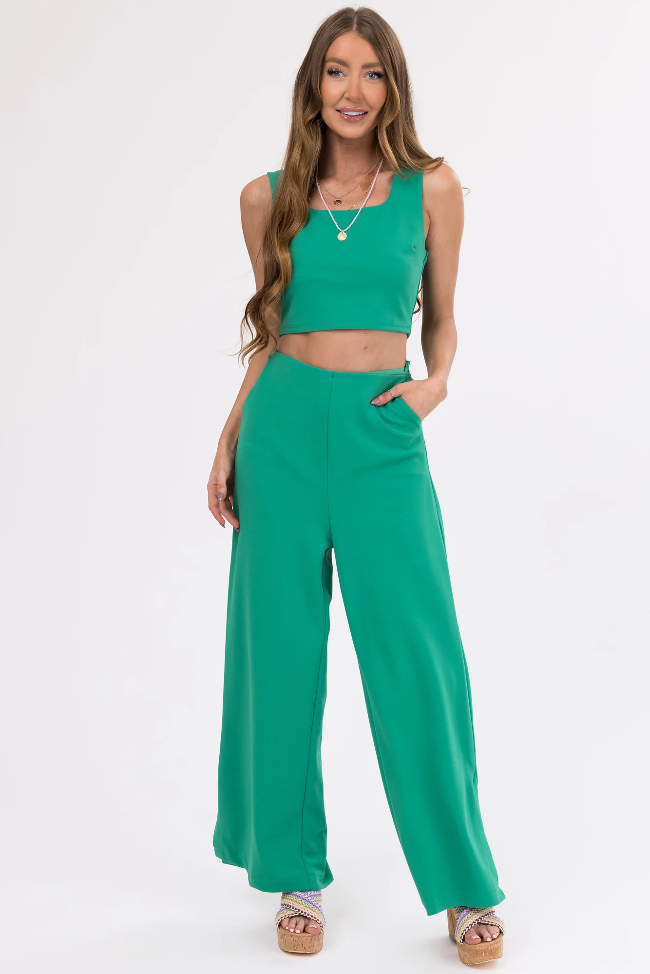 Wide Leg Green Knit Pants with Side Slit - Womens Casual Bottoms