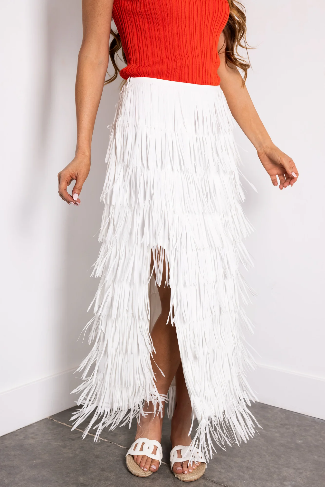 White Tiered Fringe Midi Skirt