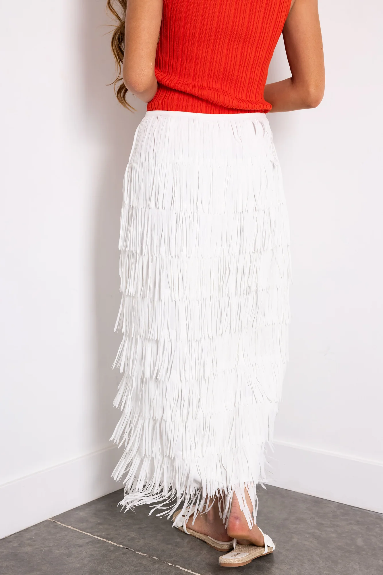 White Tiered Fringe Midi Skirt